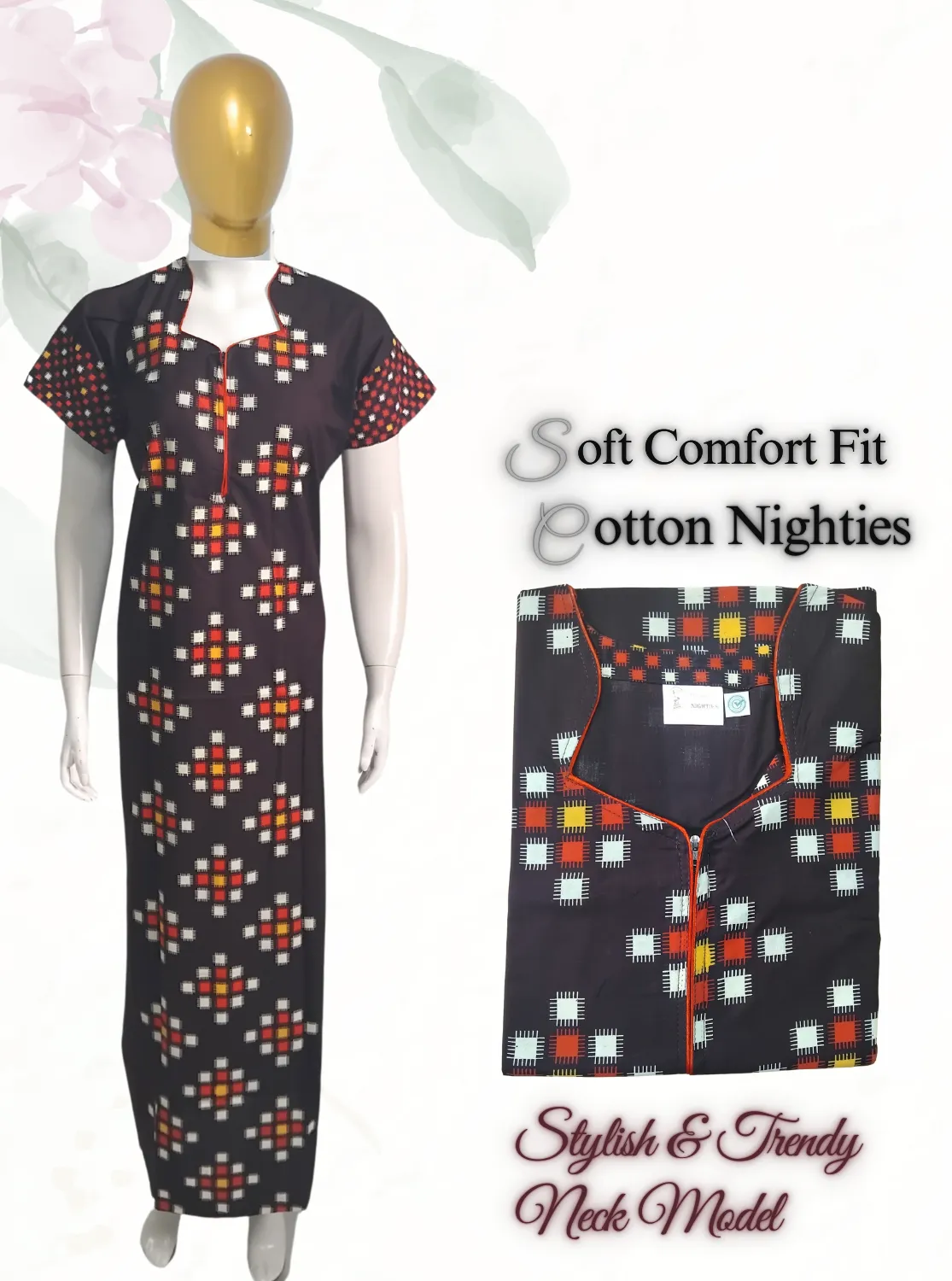 MANGAI New Regular Fit Cotton Printed  Nighties - All Over Printed Stylish COLLAR Model Nighties  | Side Cut Pocket | Beautiful Nighties for Stylish Women's (EM)