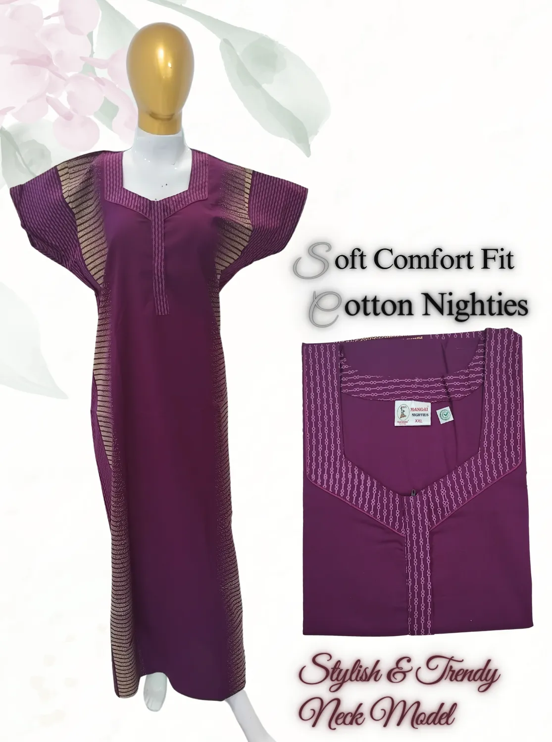 MANGAI New Regular Fit Cotton Printed  Nighties - All Over Printed Stylish COLLAR Model Nighties  | Side Cut Pocket | Beautiful Nighties for Stylish Women's (EM)
