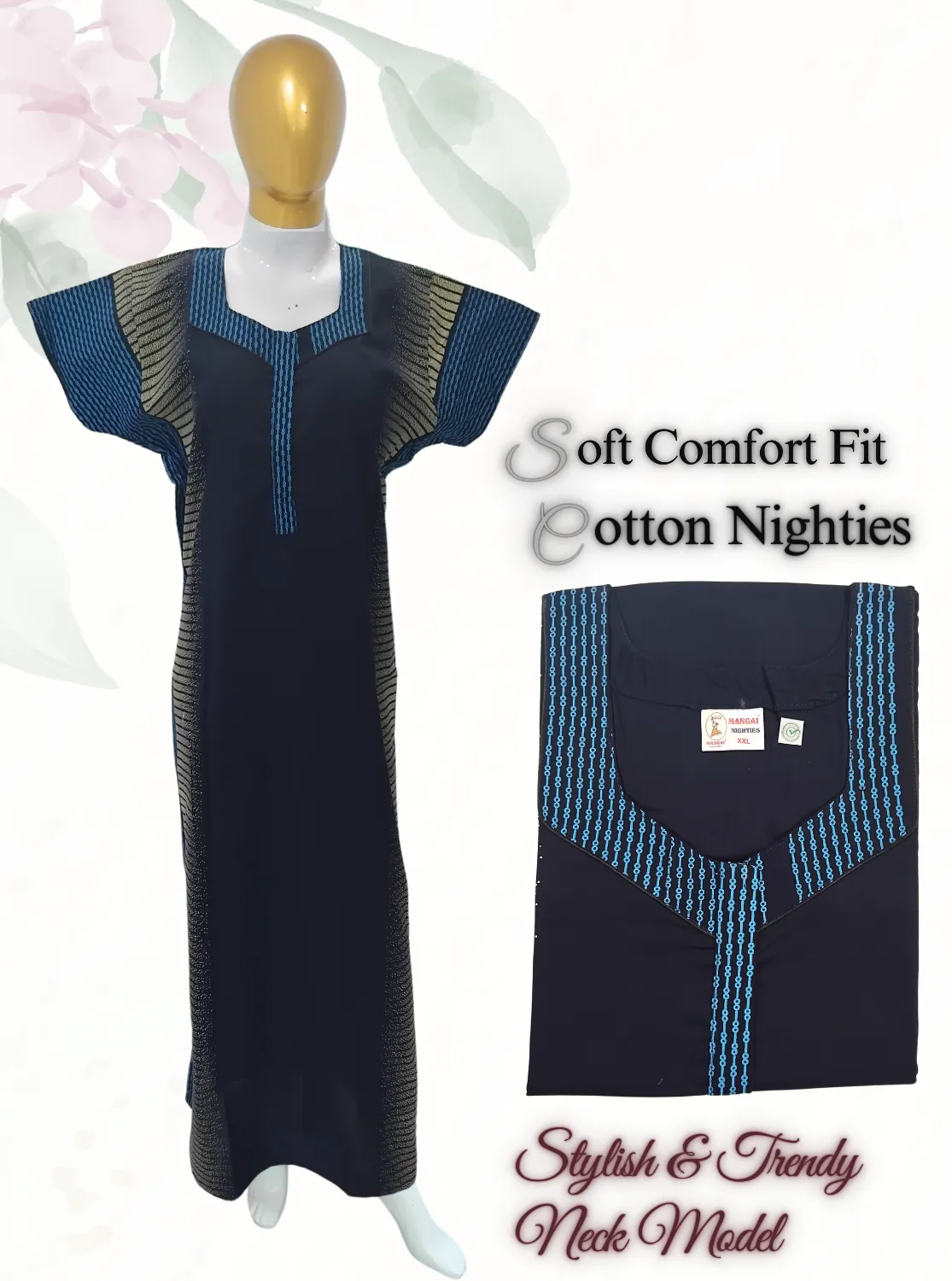 MANGAI New Regular Fit Cotton Printed  Nighties - All Over Printed Stylish COLLAR Model Nighties  | Side Cut Pocket | Beautiful Nighties for Stylish Women's (EM)