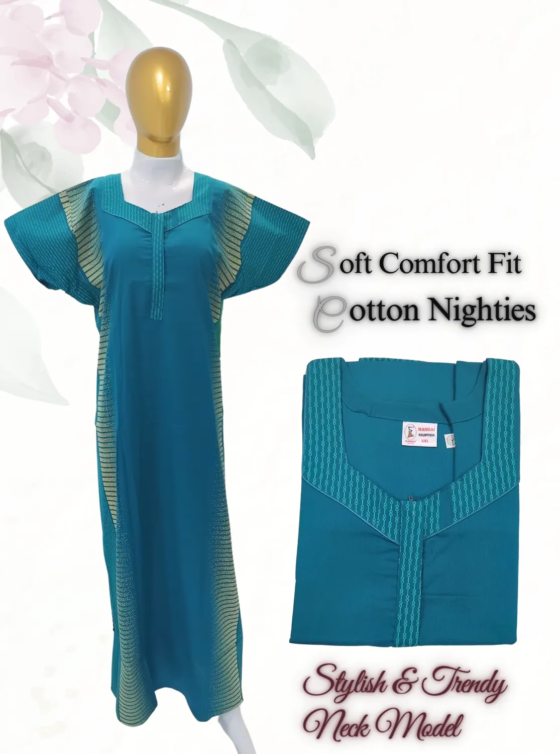 MANGAI New Regular Fit Cotton Printed  Nighties - All Over Printed Stylish COLLAR Model Nighties  | Side Cut Pocket | Beautiful Nighties for Stylish Women's (EM)