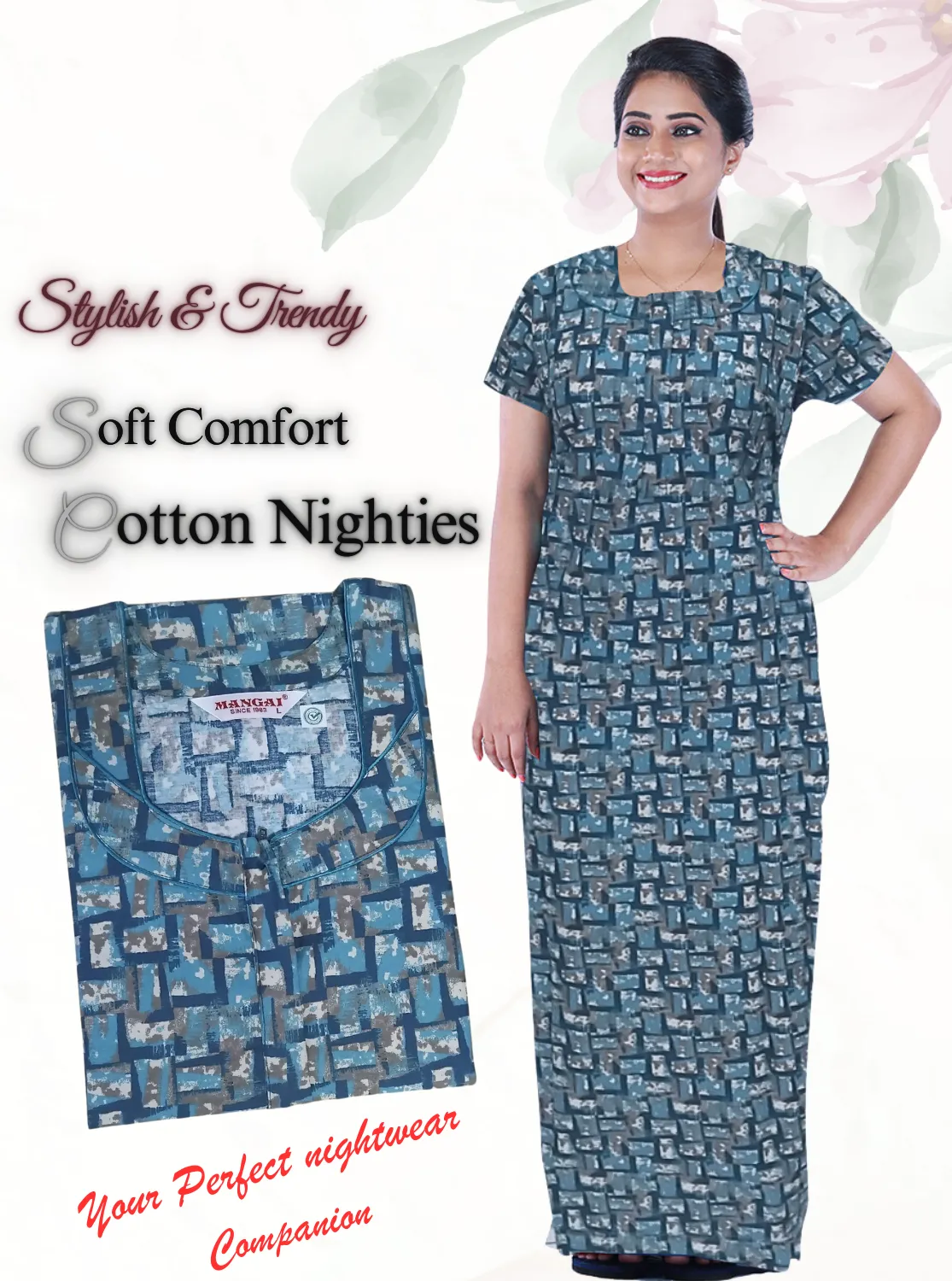 MANGAI New Regular Fit Cotton Printed Nighties - All Over Printed Stylish Nightwear for Stylish Women | Side Cut Pocket | Beautiful Nighties for Stylish Women's | Colorful Printed Cotton Nighties (CTCC)