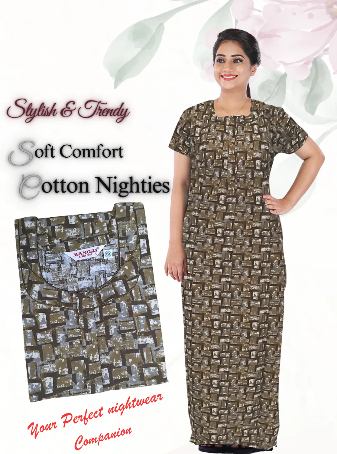 MANGAI New Regular Fit Cotton Printed Nighties - All Over Printed Stylish Nightwear for Stylish Women | Side Cut Pocket | Beautiful Nighties for Stylish Women's | Colorful Printed Cotton Nighties (CTCC)