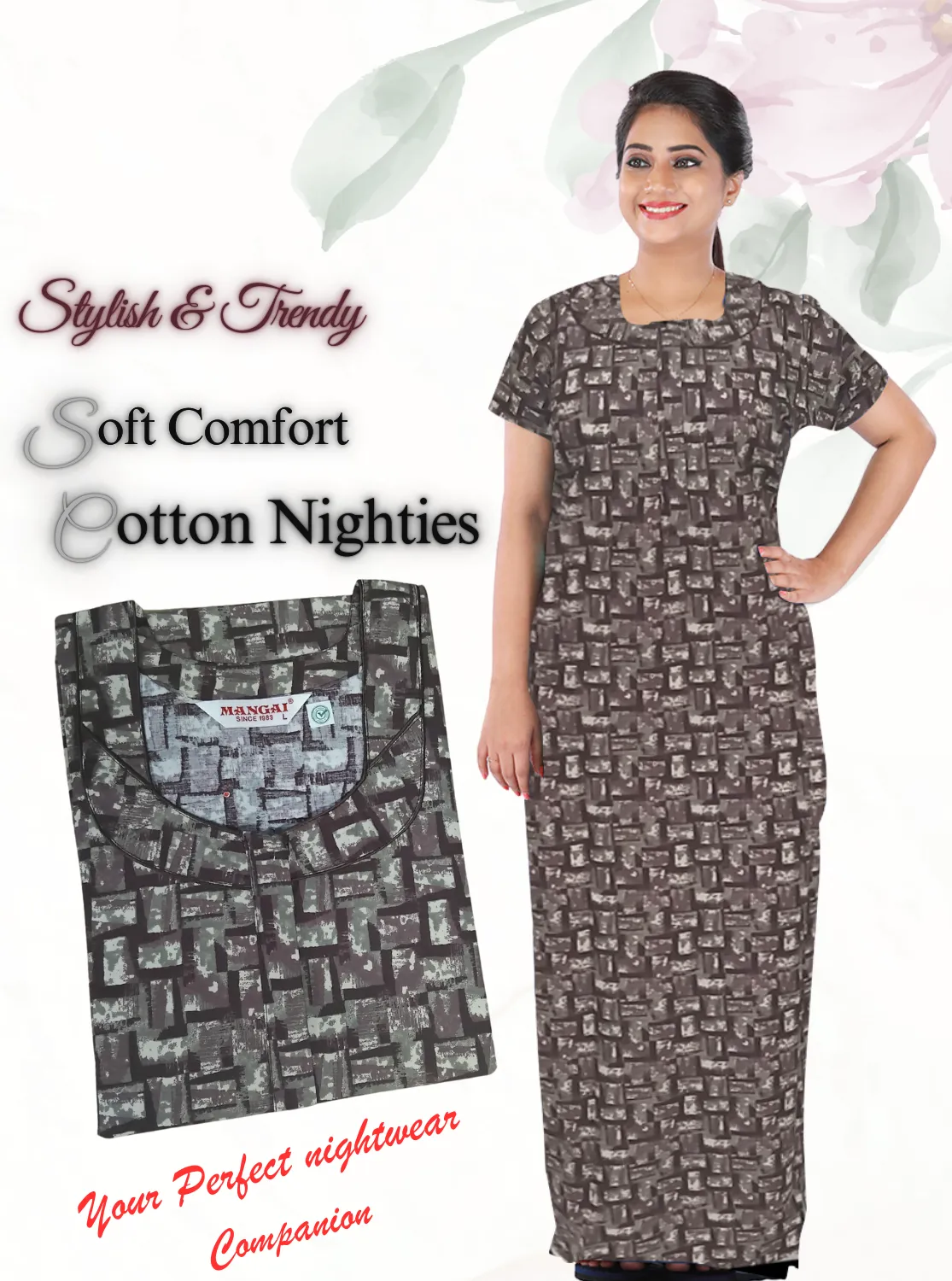MANGAI New Regular Fit Cotton Printed Nighties - All Over Printed Stylish Nightwear for Stylish Women | Side Cut Pocket | Beautiful Nighties for Stylish Women's | Colorful Printed Cotton Nighties (CTCC)