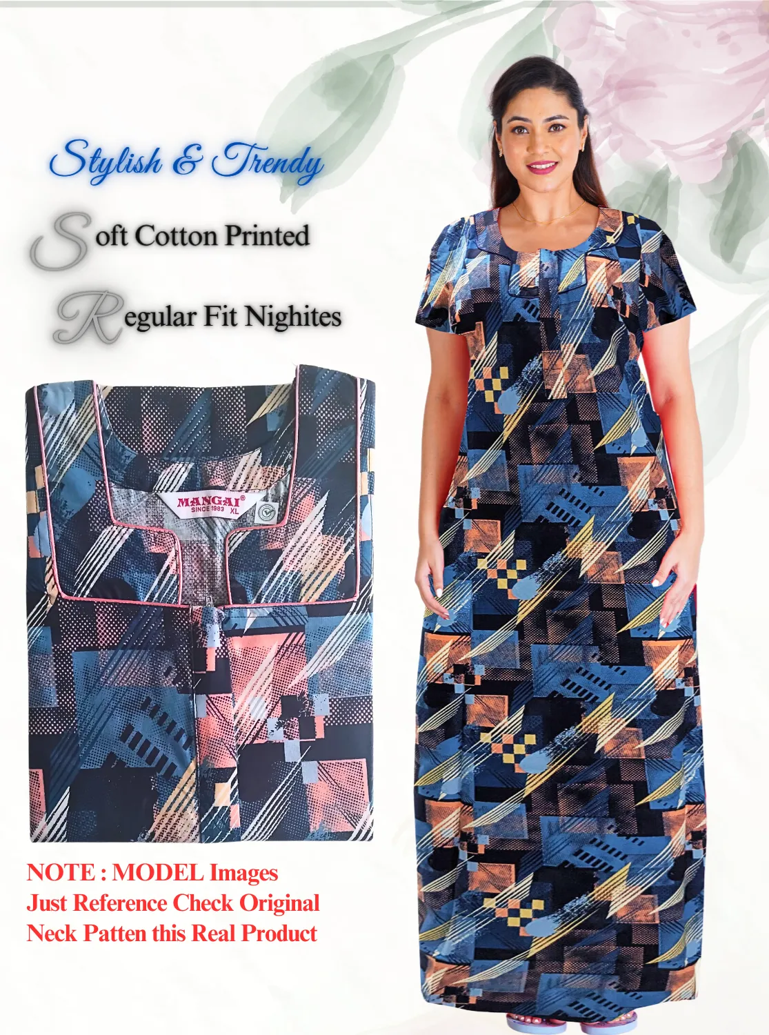 MANGAI New Regular Fit Cotton Printed Nighties - All Over Printed Stylish Nightwear for Stylish Women | Side Cut Pocket | Beautiful Nighties for Stylish Women's | Colorful Printed Cotton Nighties (LDM)