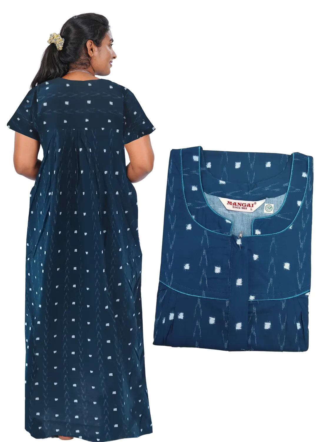 MANGAI New Regular Fit Cotton Printed Pleated Nighties - All Over Printed Stylish Nighties  | Side Cut Pocket | Front Open Zipper Type | Beautiful Nighties for Stylish Women's (PLE)
