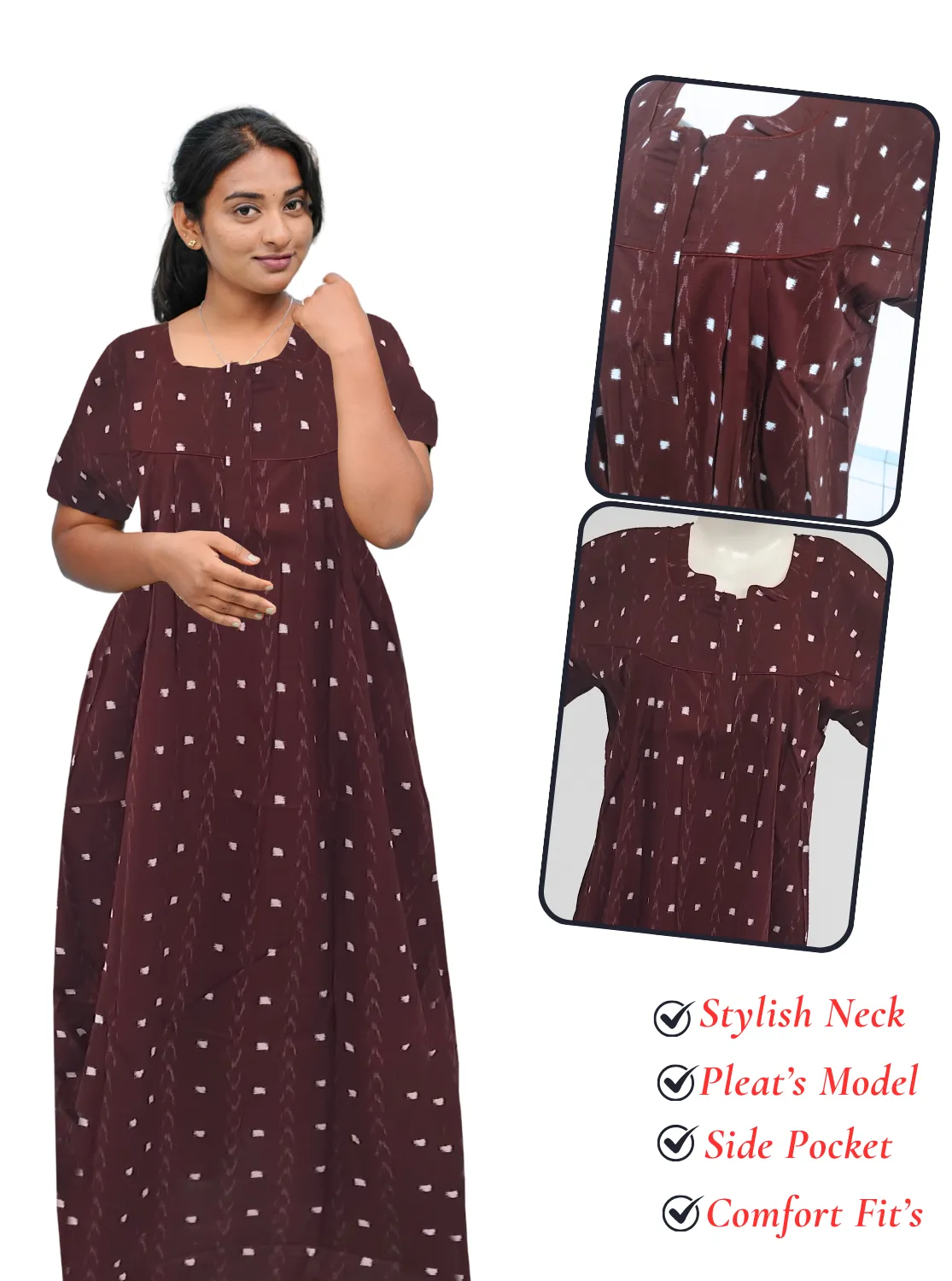 MANGAI New Regular Fit Cotton Printed Pleated Nighties - All Over Printed Stylish Nighties  | Side Cut Pocket | Front Open Zipper Type | Beautiful Nighties for Stylish Women's (PLE)