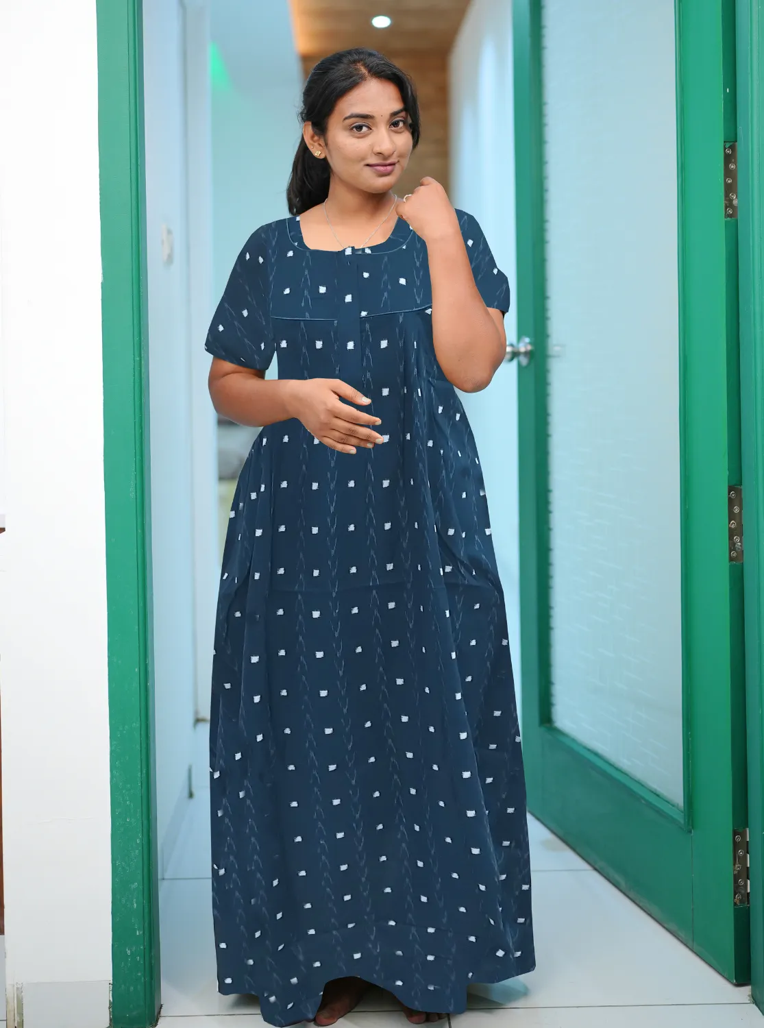MANGAI New Regular Fit Cotton Printed Pleated Nighties - All Over Printed Stylish Nighties  | Side Cut Pocket | Front Open Zipper Type | Beautiful Nighties for Stylish Women's (PLE)