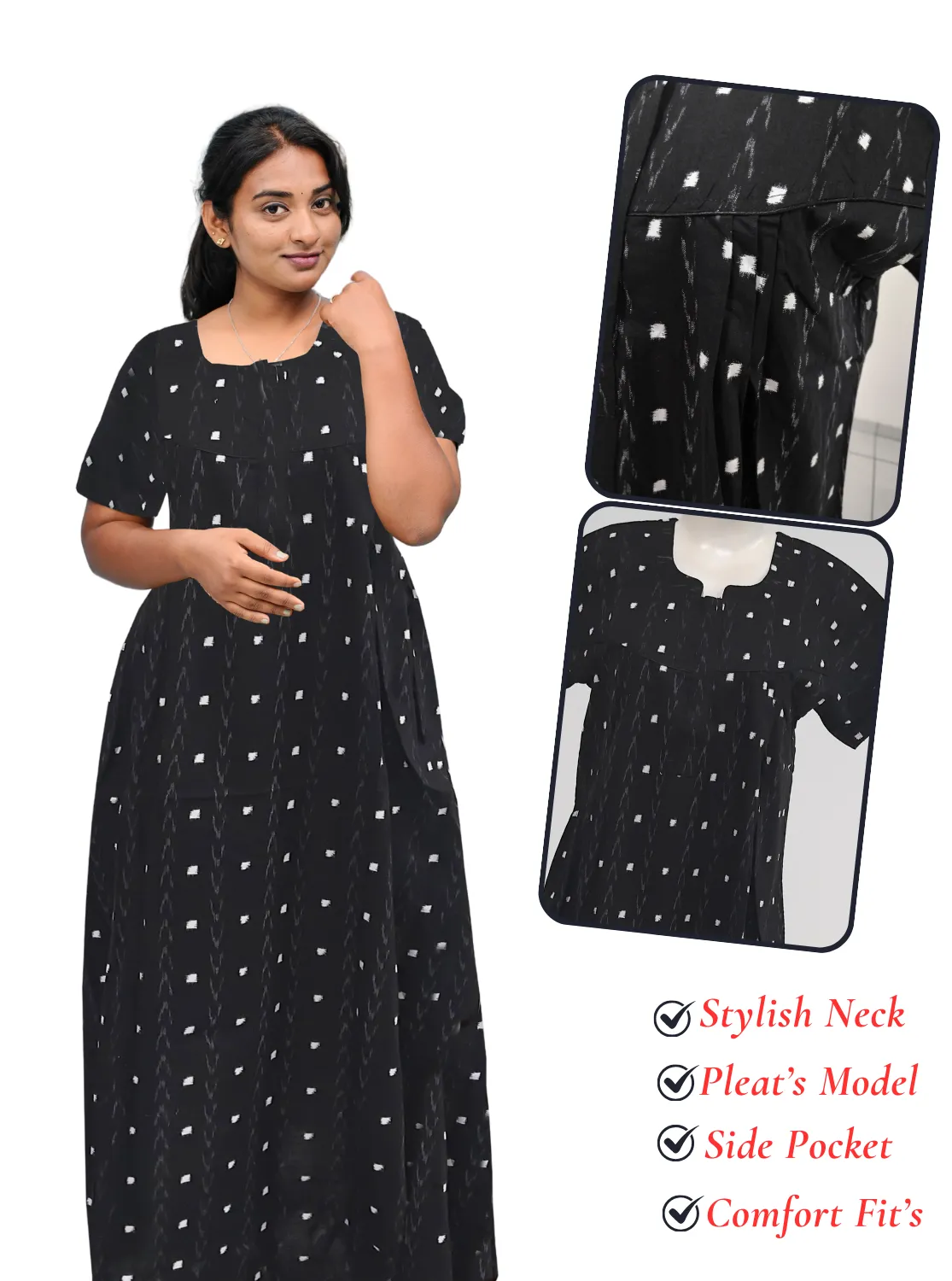 MANGAI New Regular Fit Cotton Printed Pleated Nighties - All Over Printed Stylish Nighties  | Side Cut Pocket | Front Open Zipper Type | Beautiful Nighties for Stylish Women's (PLE)