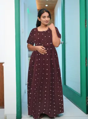 MANGAI New Regular Fit Cotton Printed Pleated Nighties - All Over Printed Stylish Nighties  | Side Cut Pocket | Front Open Zipper Type | Beautiful Nighties for Stylish Women's (PLE)