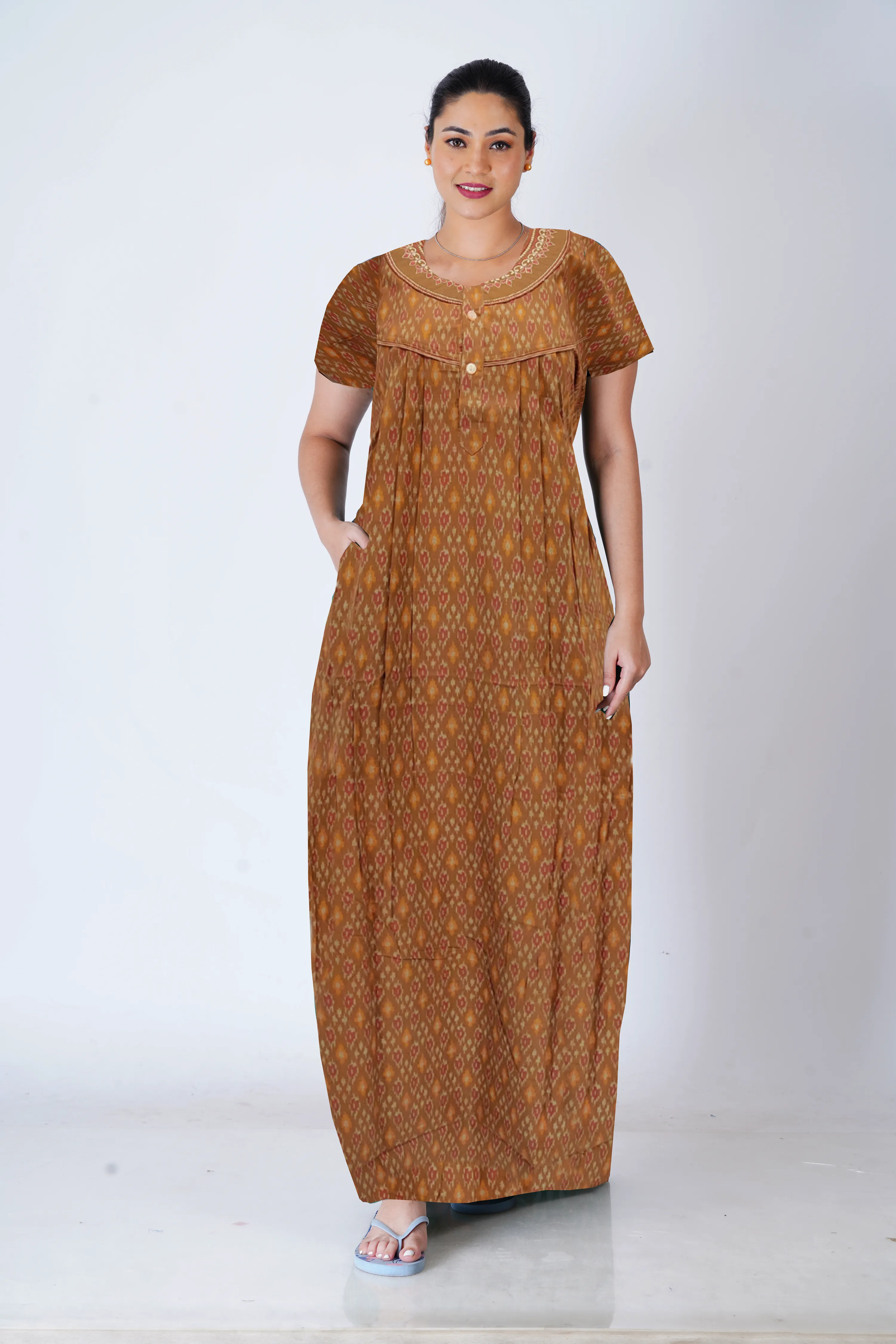 MANGAI New Regular Fit Cotton Printed Pleated Nighties - All Over Printed Stylish Nighties  | Side Cut Pocket | Front without Zipper Type | Beautiful Nighties for Stylish Women's (MPL)