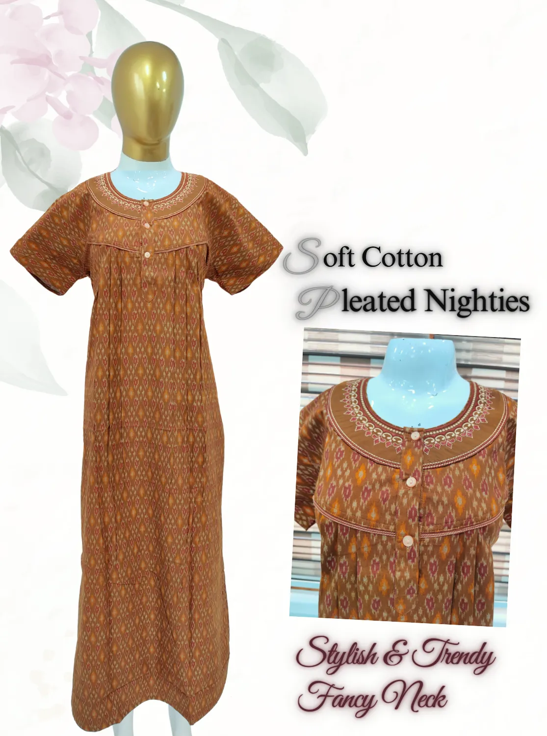 MANGAI New Regular Fit Cotton Printed Pleated Nighties - All Over Printed Stylish Nighties  | Side Cut Pocket | Front without Zipper Type | Beautiful Nighties for Stylish Women's (MPL)