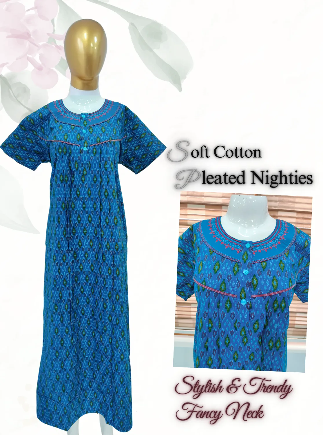 MANGAI New Regular Fit Cotton Printed Pleated Nighties - All Over Printed Stylish Nighties  | Side Cut Pocket | Front without Zipper Type | Beautiful Nighties for Stylish Women's (MPL)