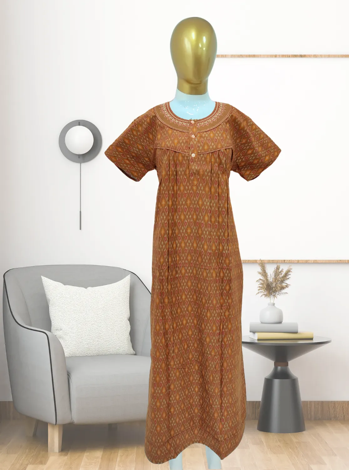 MANGAI New Regular Fit Cotton Printed Pleated Nighties - All Over Printed Stylish Nighties  | Side Cut Pocket | Front without Zipper Type | Beautiful Nighties for Stylish Women's (MPL)