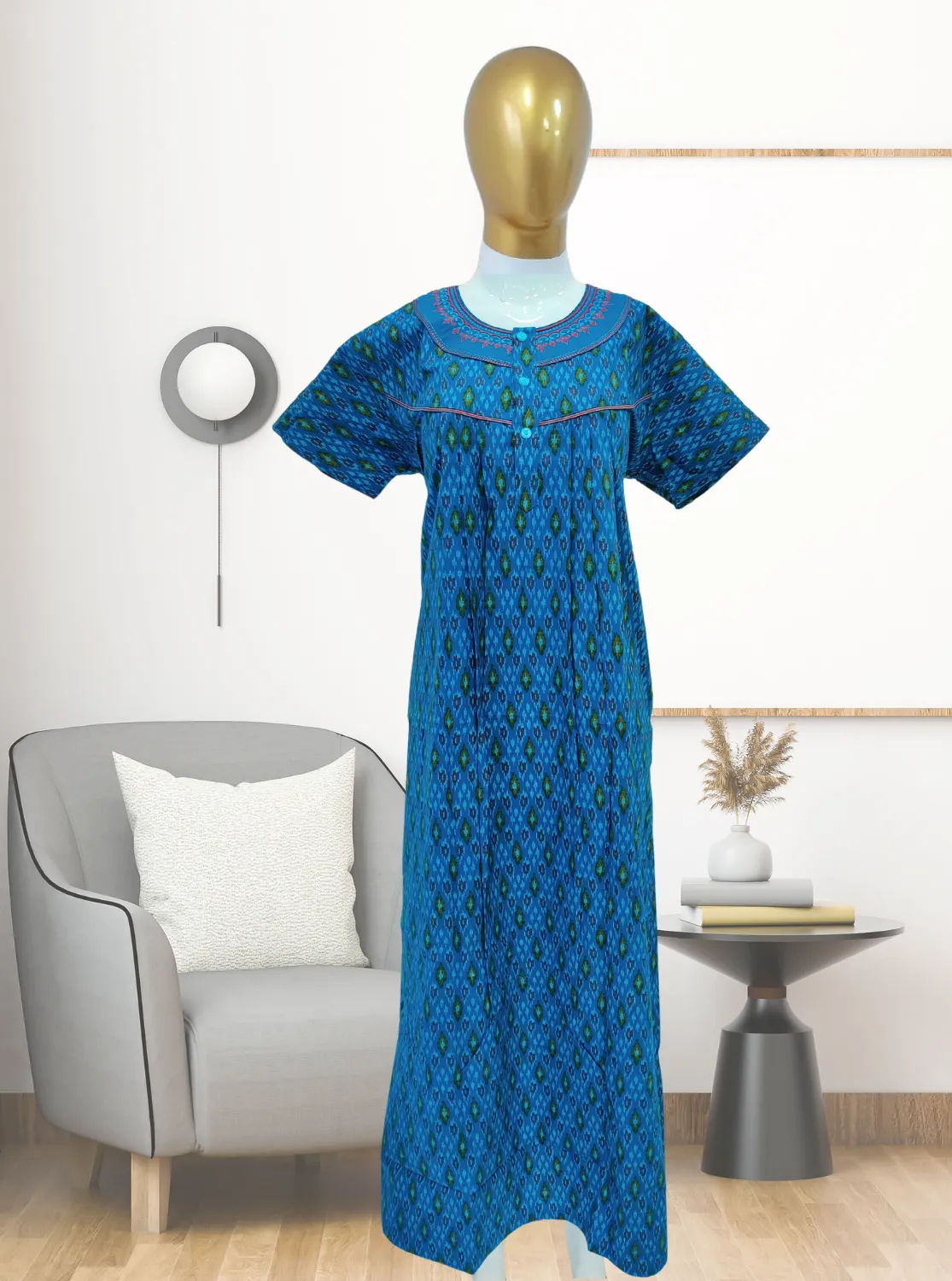 MANGAI New Regular Fit Cotton Printed Pleated Nighties - All Over Printed Stylish Nighties  | Side Cut Pocket | Front without Zipper Type | Beautiful Nighties for Stylish Women's (MPL)