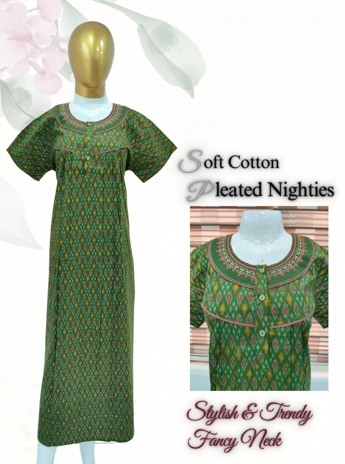 MANGAI New Regular Fit Cotton Printed Pleated Nighties - All Over Printed Stylish Nighties  | Side Cut Pocket | Front without Zipper Type | Beautiful Nighties for Stylish Women's (MPL)