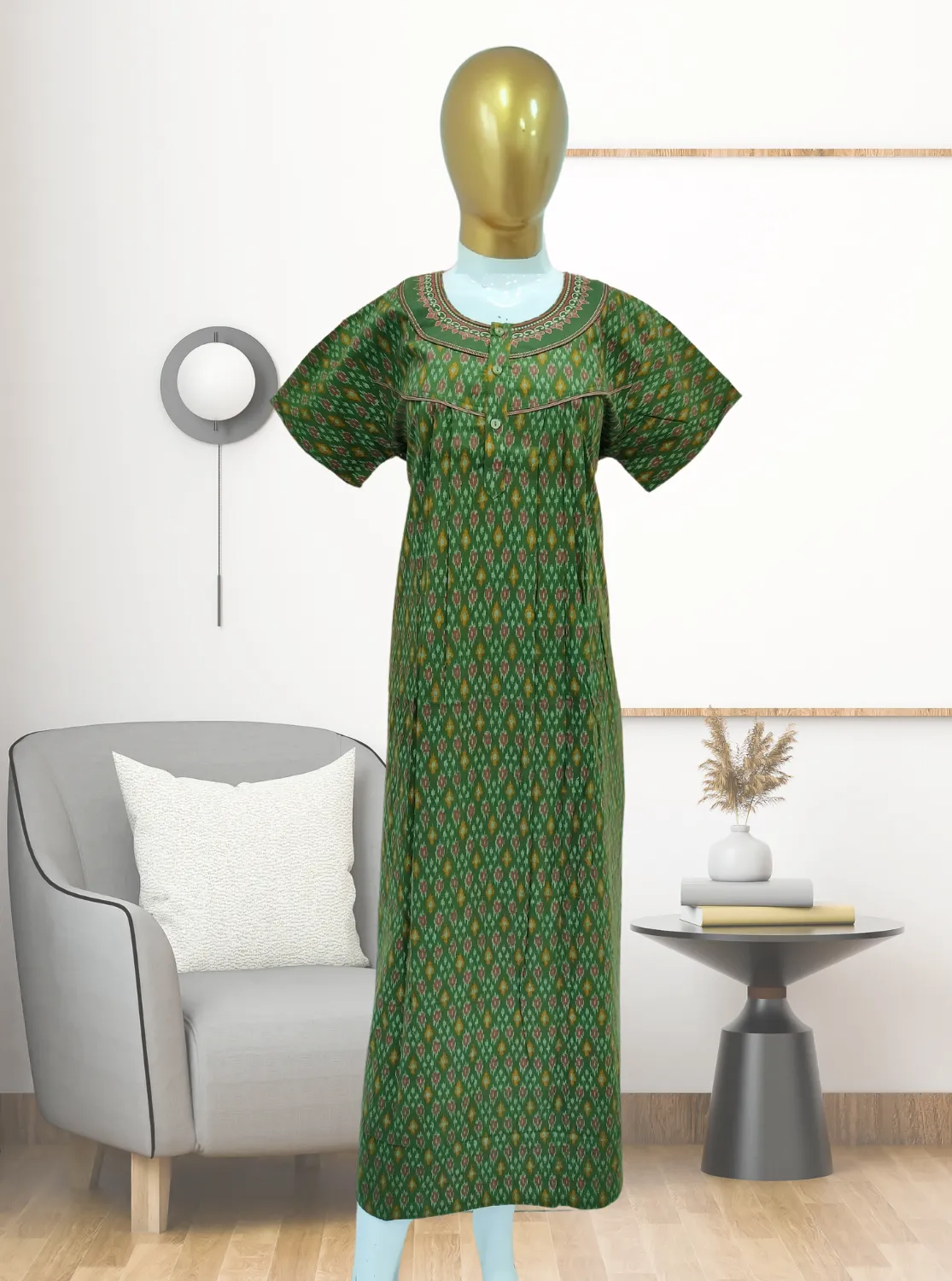 MANGAI New Regular Fit Cotton Printed Pleated Nighties - All Over Printed Stylish Nighties  | Side Cut Pocket | Front without Zipper Type | Beautiful Nighties for Stylish Women's (MPL)