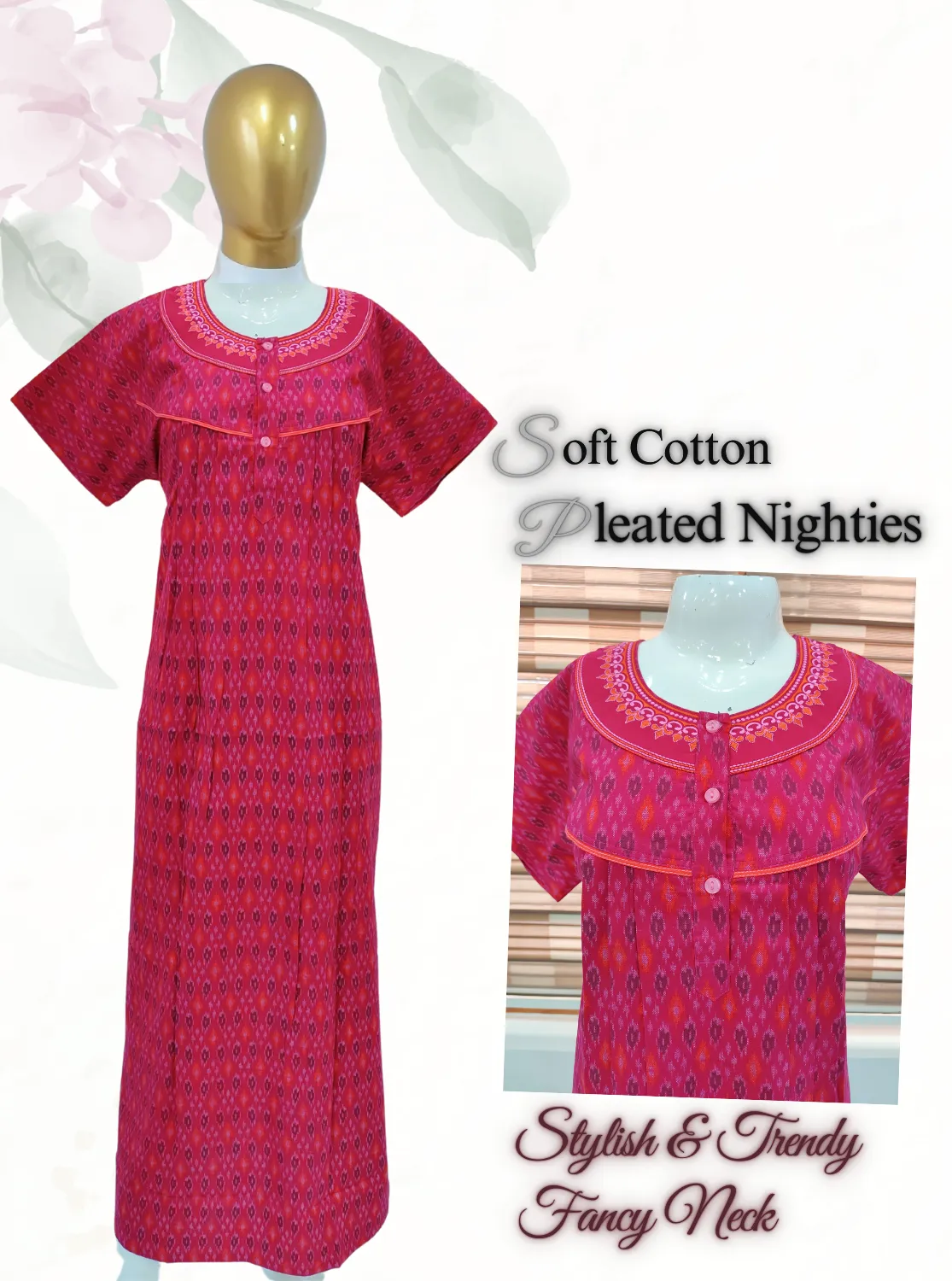 MANGAI New Regular Fit Cotton Printed Pleated Nighties - All Over Printed Stylish Nighties  | Side Cut Pocket | Front without Zipper Type | Beautiful Nighties for Stylish Women's (MPL)