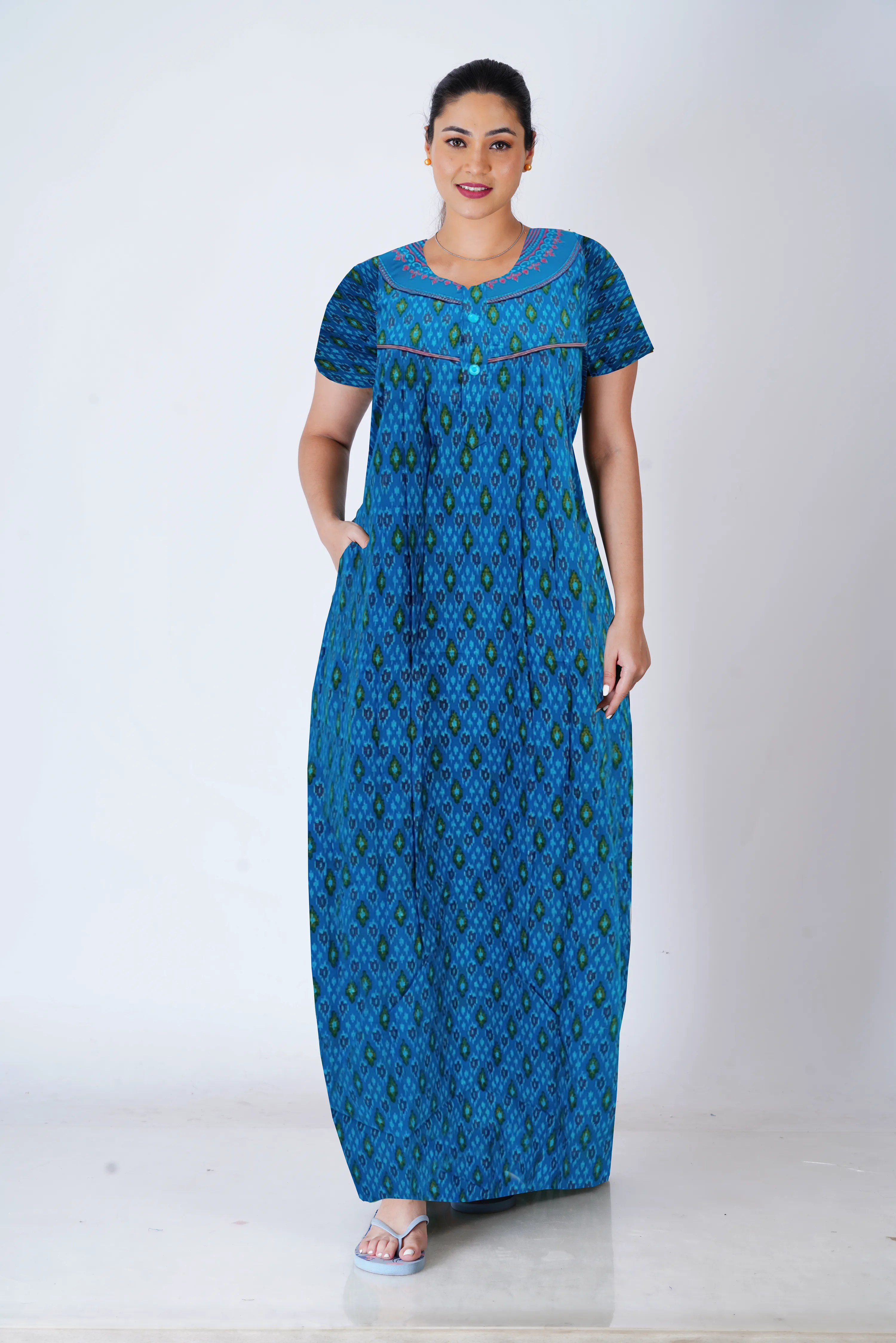 MANGAI New Regular Fit Cotton Printed Pleated Nighties - All Over Printed Stylish Nighties  | Side Cut Pocket | Front without Zipper Type | Beautiful Nighties for Stylish Women's (MPL)