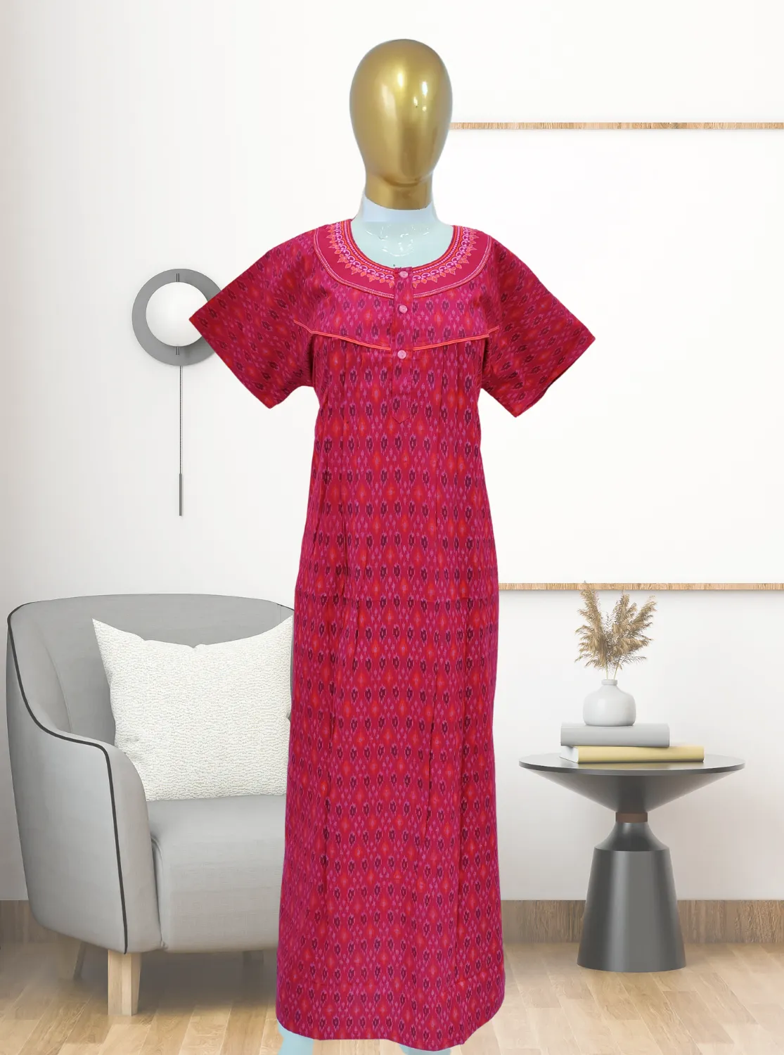 MANGAI New Regular Fit Cotton Printed Pleated Nighties - All Over Printed Stylish Nighties  | Side Cut Pocket | Front without Zipper Type | Beautiful Nighties for Stylish Women's (MPL)