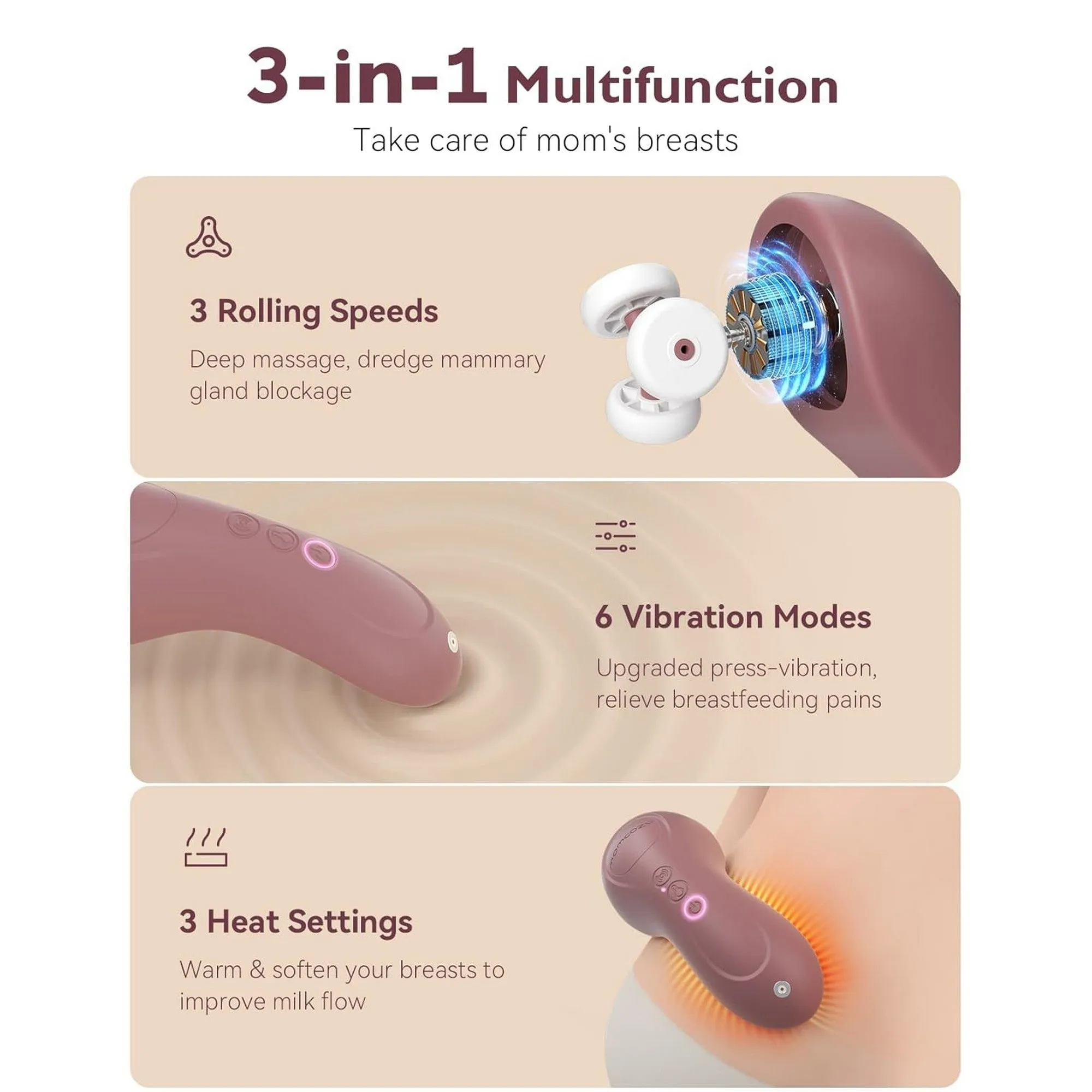 Momcozy Maternity Accessory 3-in-1 Kneading Lactation Massager Maroon