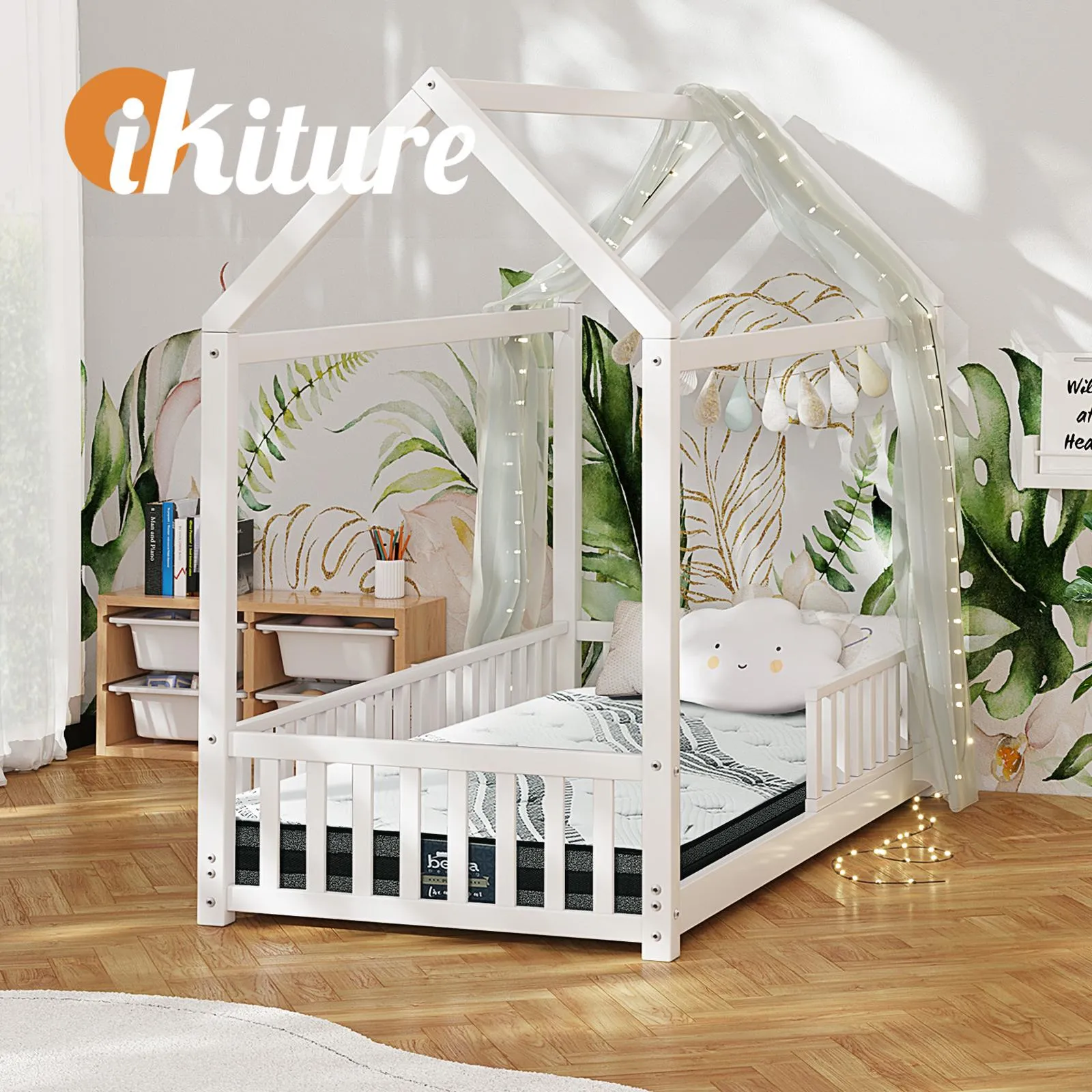 Oikiture Kids Bed Frame With Single Mattress Set House Frame White