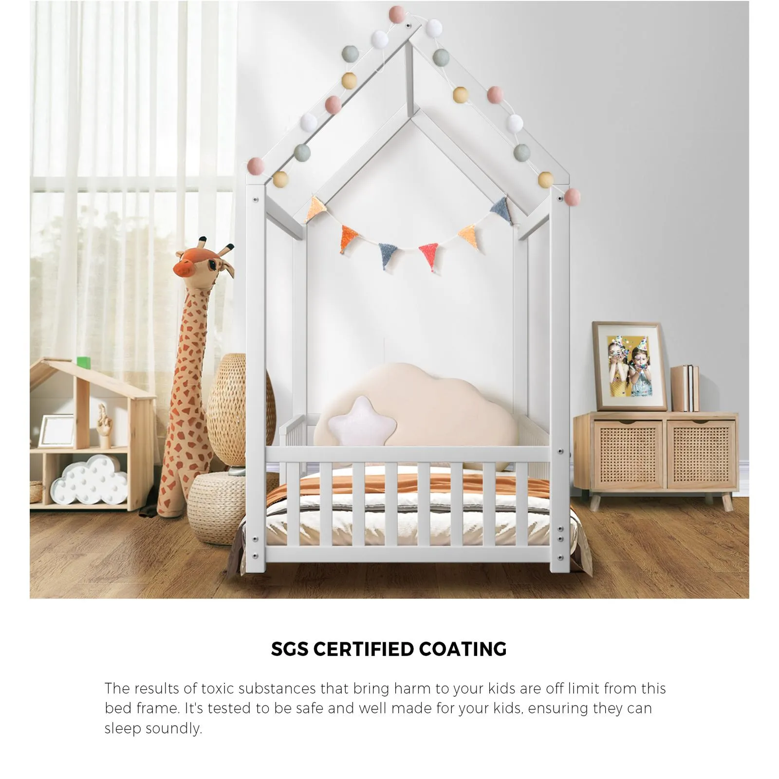Oikiture Kids Bed Frame With Single Mattress Set House Frame White