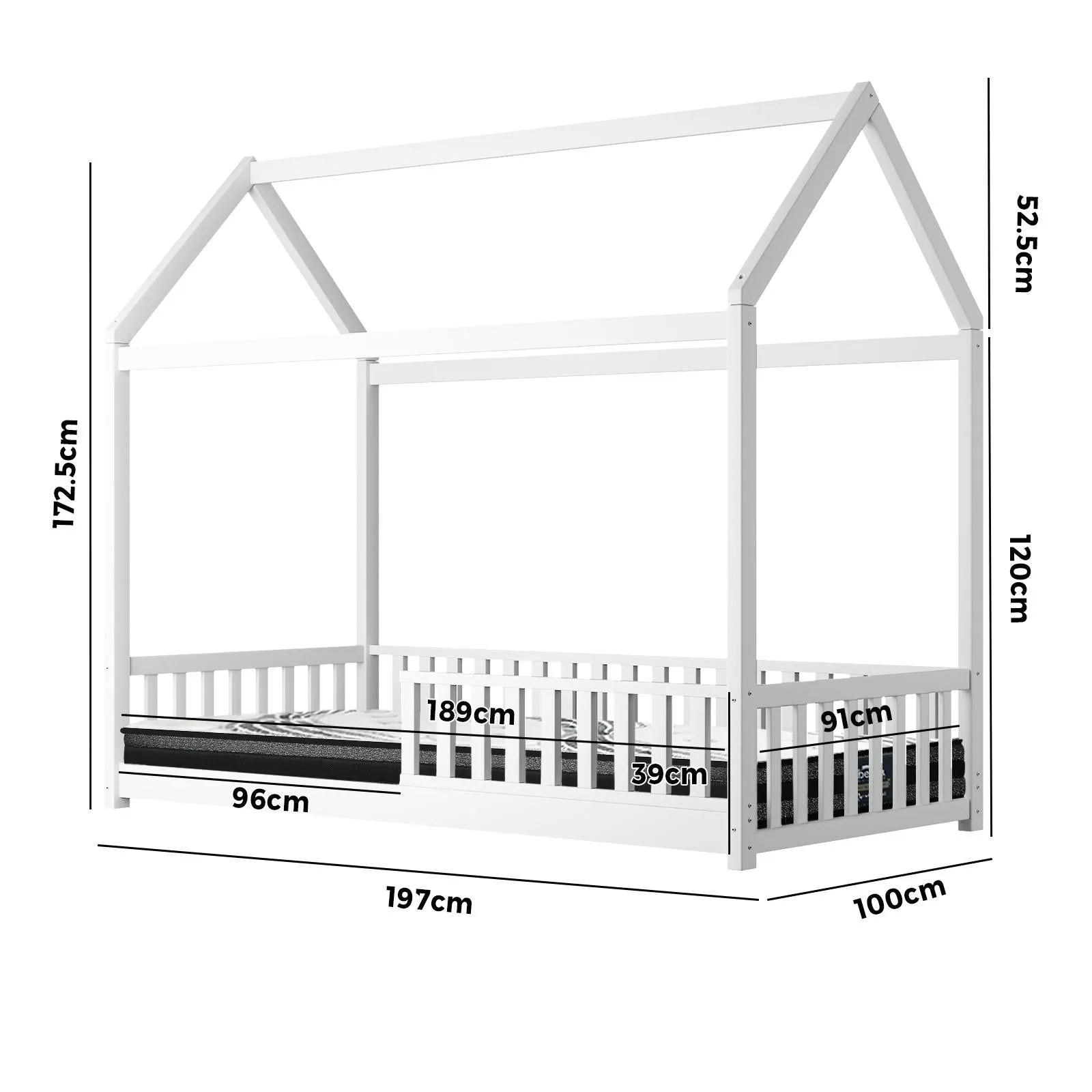 Oikiture Kids Bed Frame With Single Mattress Set House Frame White