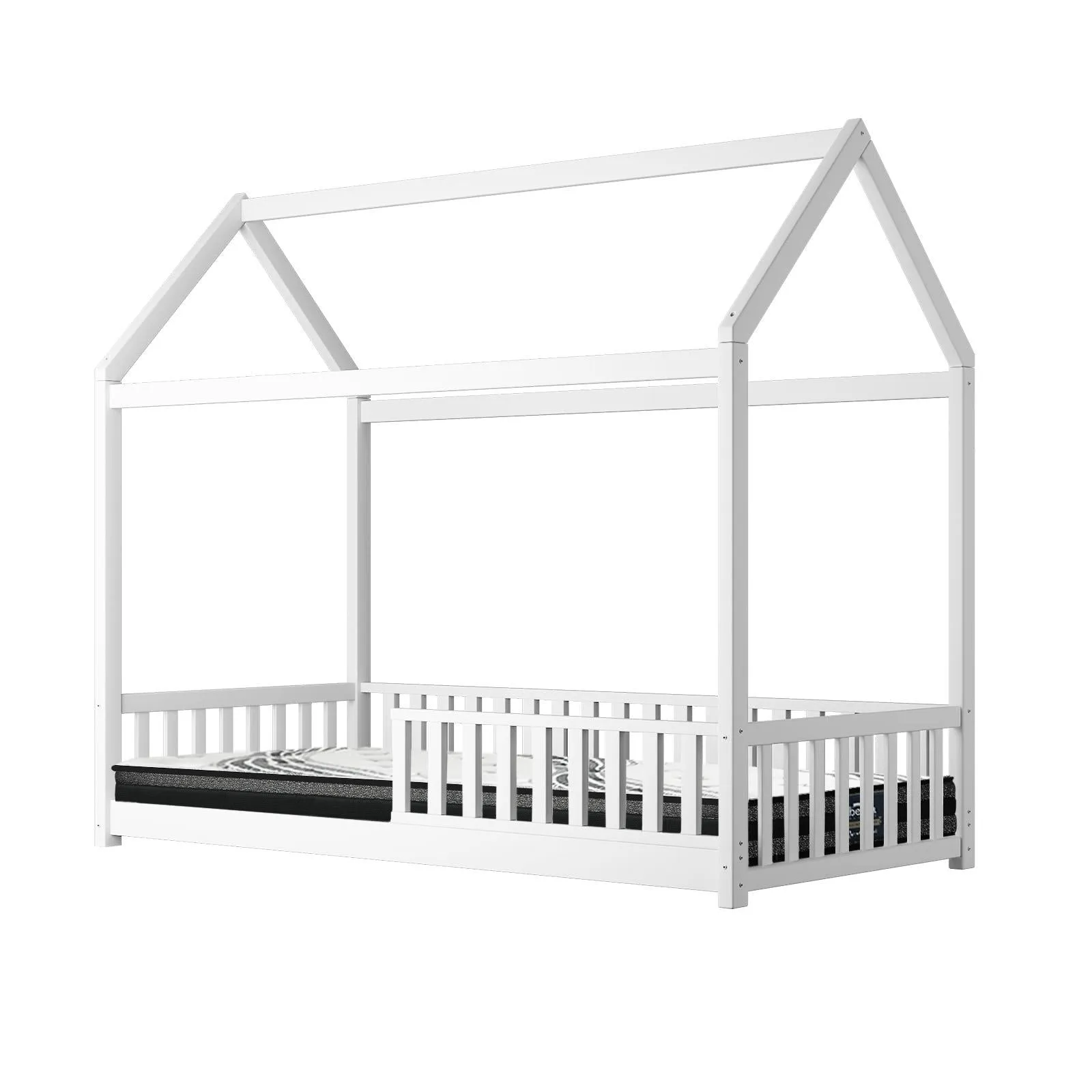 Oikiture Kids Bed Frame With Single Mattress Set House Frame White