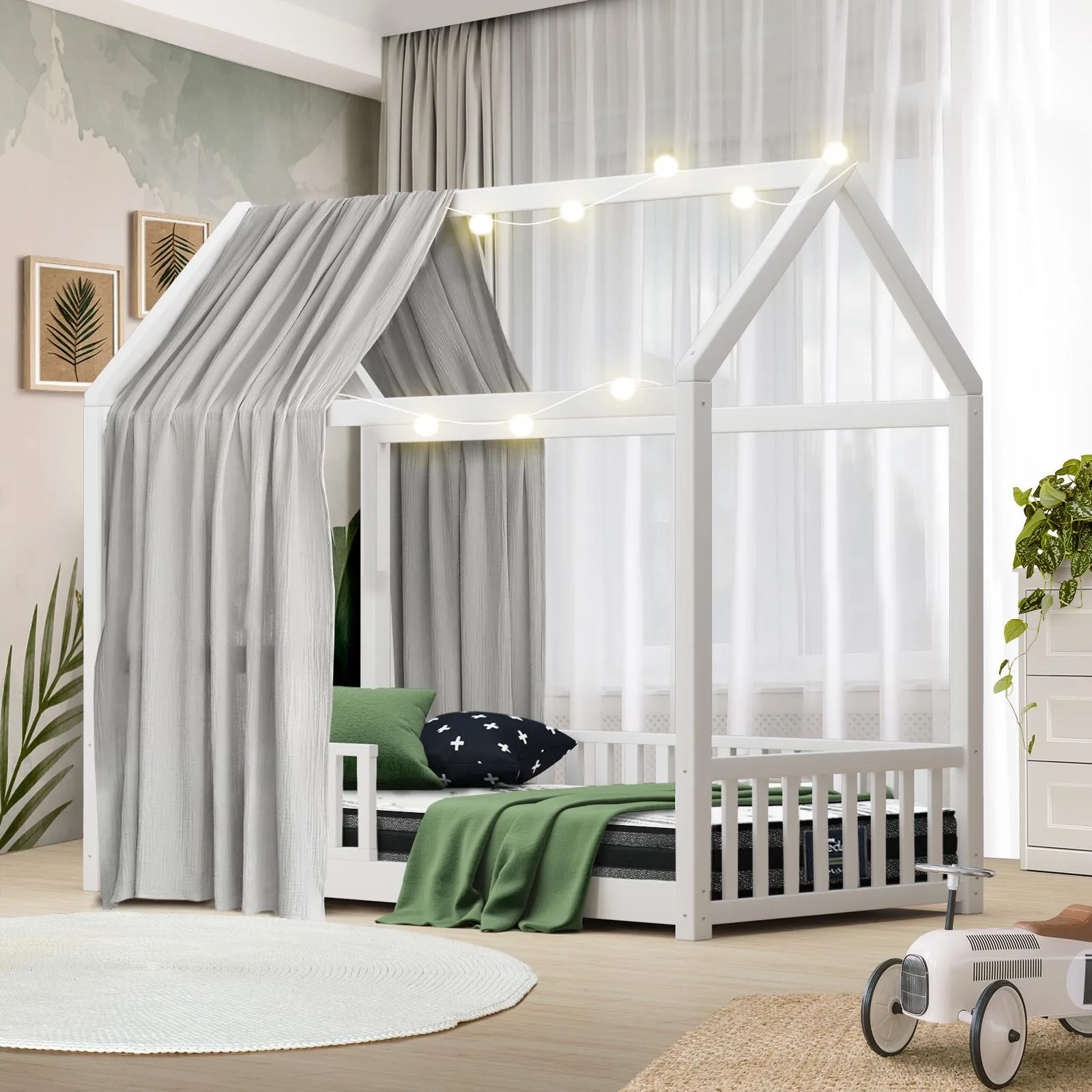 Oikiture Kids Bed Frame With Single Mattress Set House Frame White
