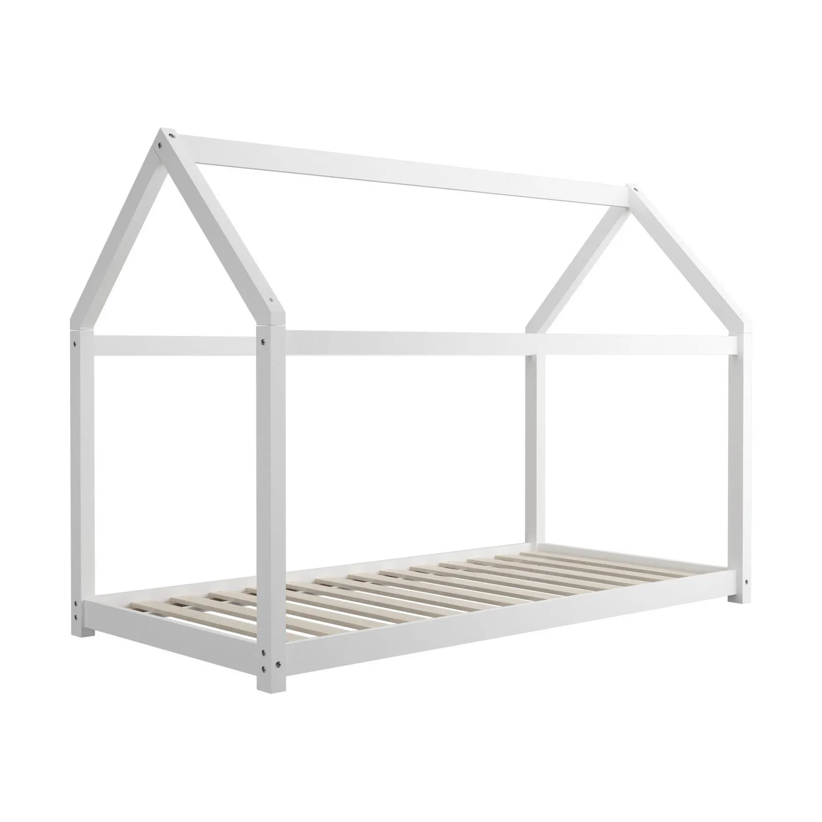 Oikiture Kids Bed Frame With Single Mattress Set House Style White