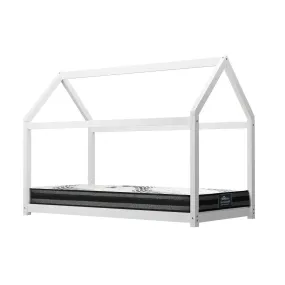 Oikiture Kids Bed Frame With Single Mattress Set House Style White