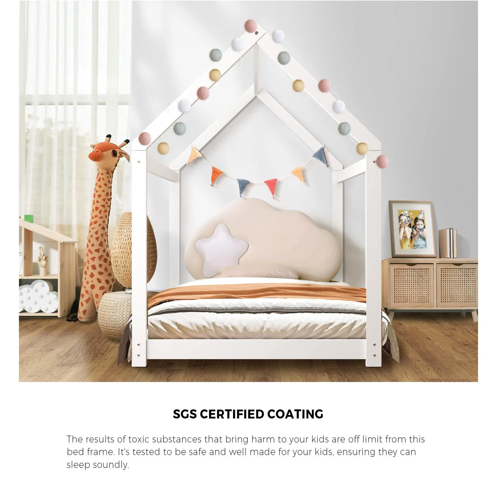 Oikiture Kids Bed Frame With Single Mattress Set House Style White