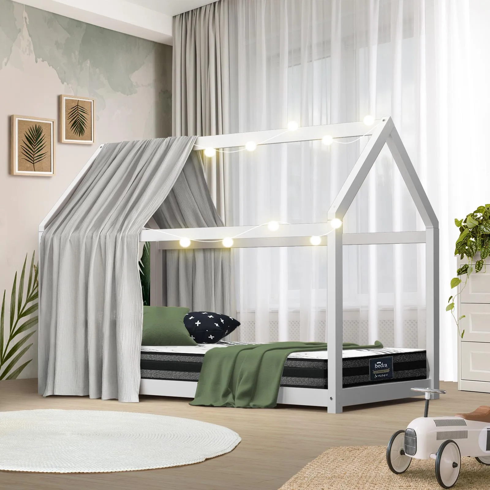 Oikiture Kids Bed Frame With Single Mattress Set House Style White