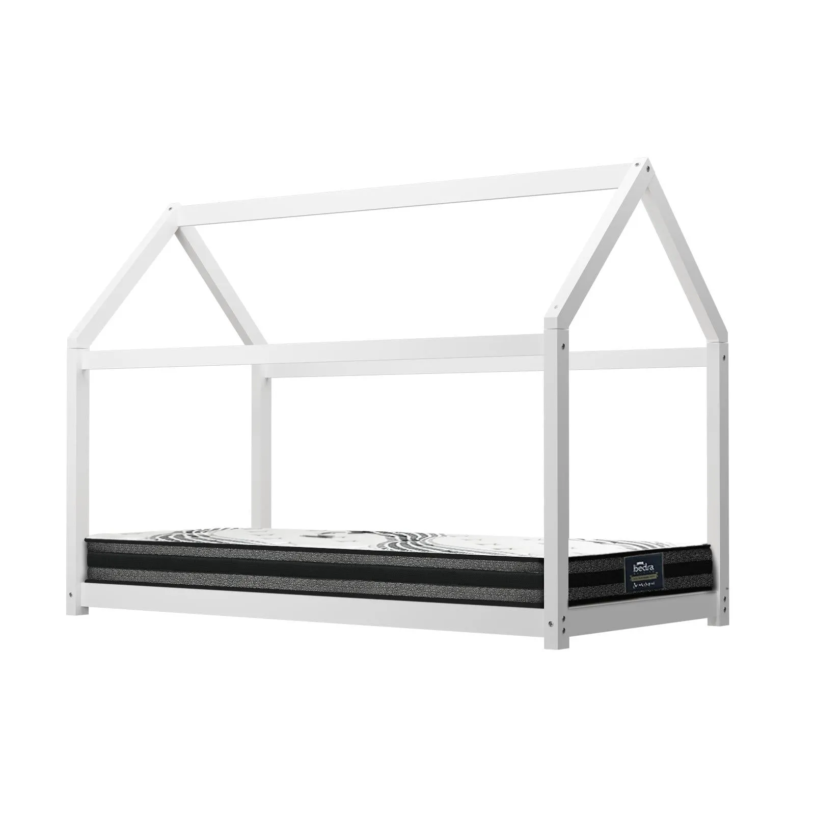 Oikiture Kids Bed Frame With Single Mattress Set House Style White