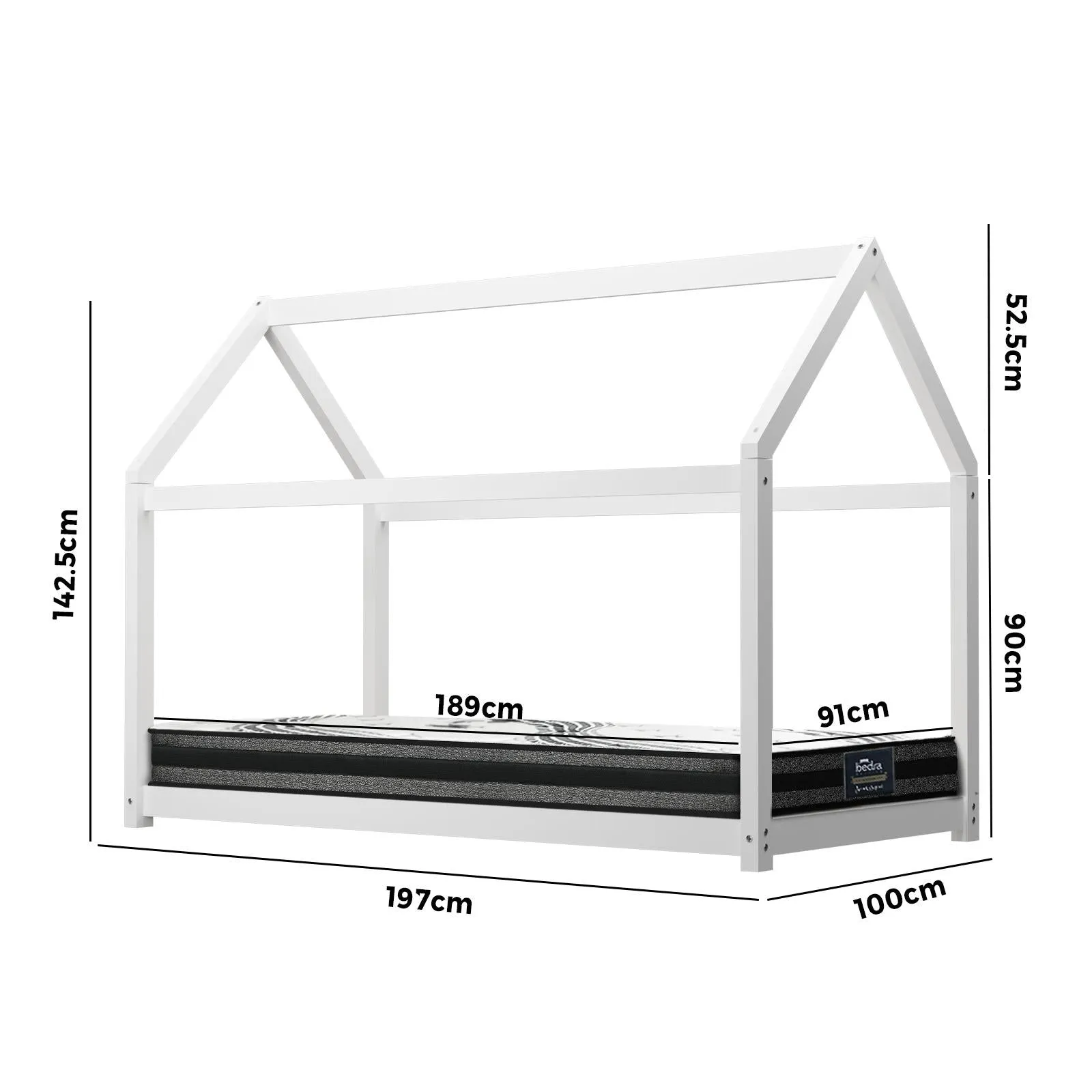 Oikiture Kids Bed Frame With Single Mattress Set House Style White