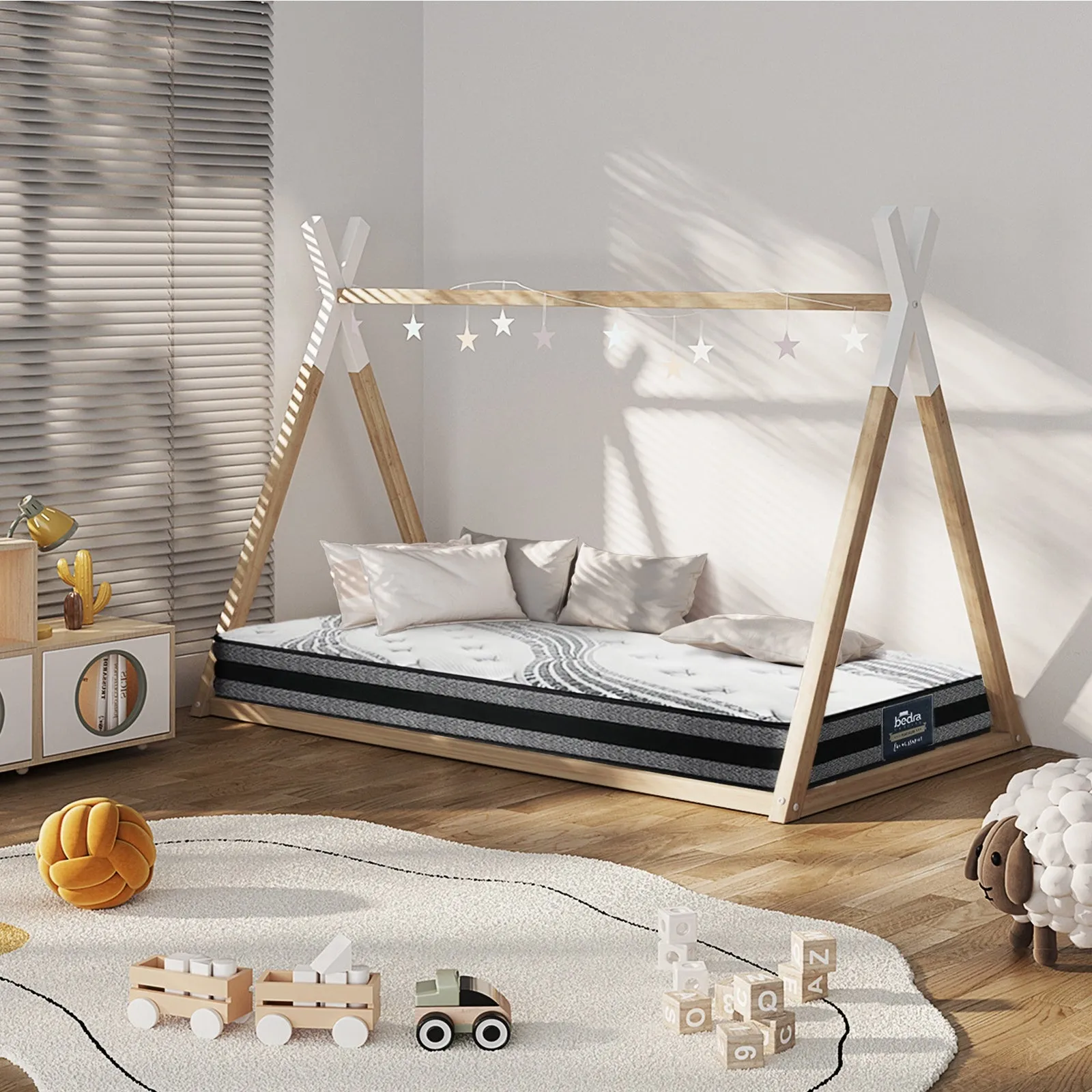 Oikiture Kids Bed Frame With Single Mattress Set Teepee House Style
