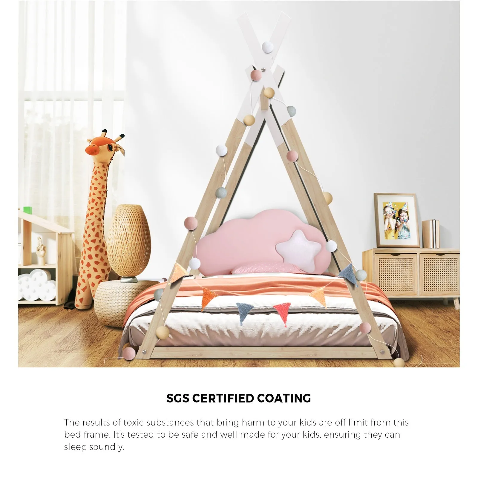 Oikiture Kids Bed Frame With Single Mattress Set Teepee House Style