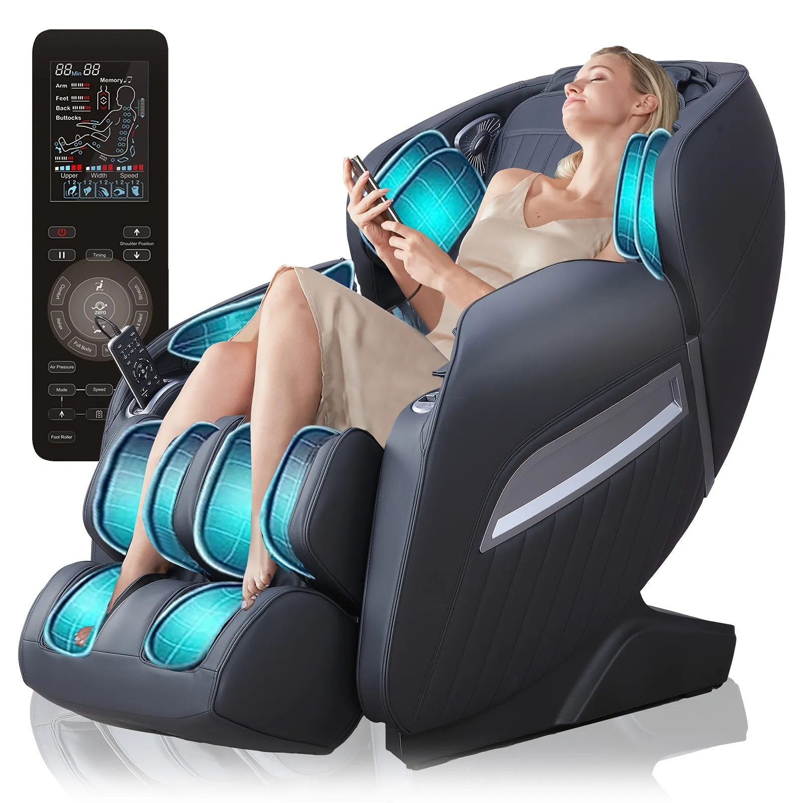 Relaxation Masterpiece Massage Chair - Full Body Recliner with Heat, Zero Gravity, Air Pressure, SL Track, Intelligent Voice Control, Foot Roller, BT Speaker, and Soothing Blue/Black Design for Ultimate Comfort and Relaxation