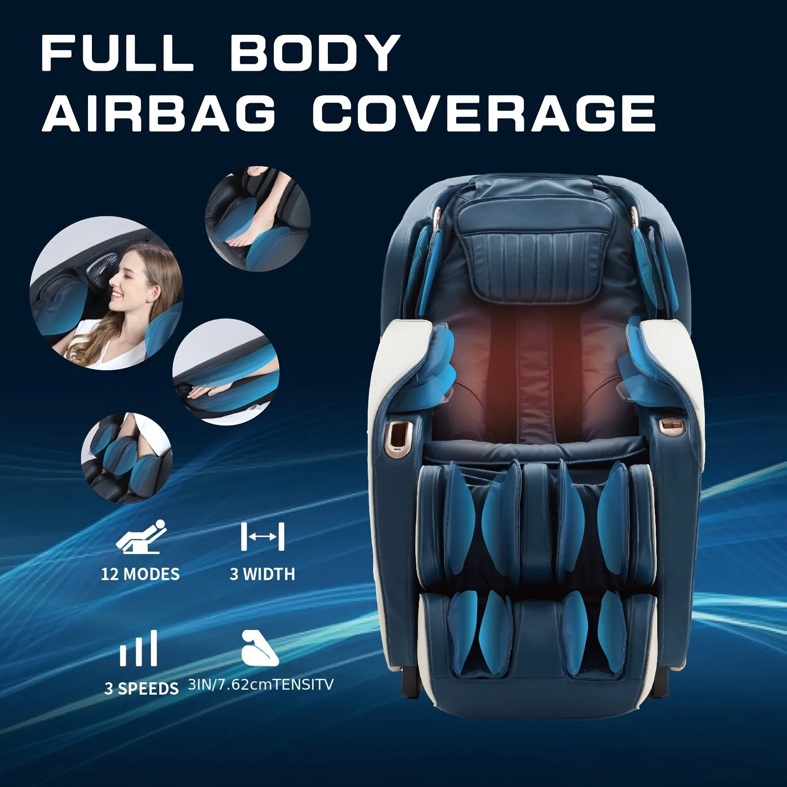 Relaxation Masterpiece Massage Chair - Full Body Recliner with Heat, Zero Gravity, Air Pressure, SL Track, Intelligent Voice Control, Foot Roller, BT Speaker, and Soothing Blue/Black Design for Ultimate Comfort and Relaxation