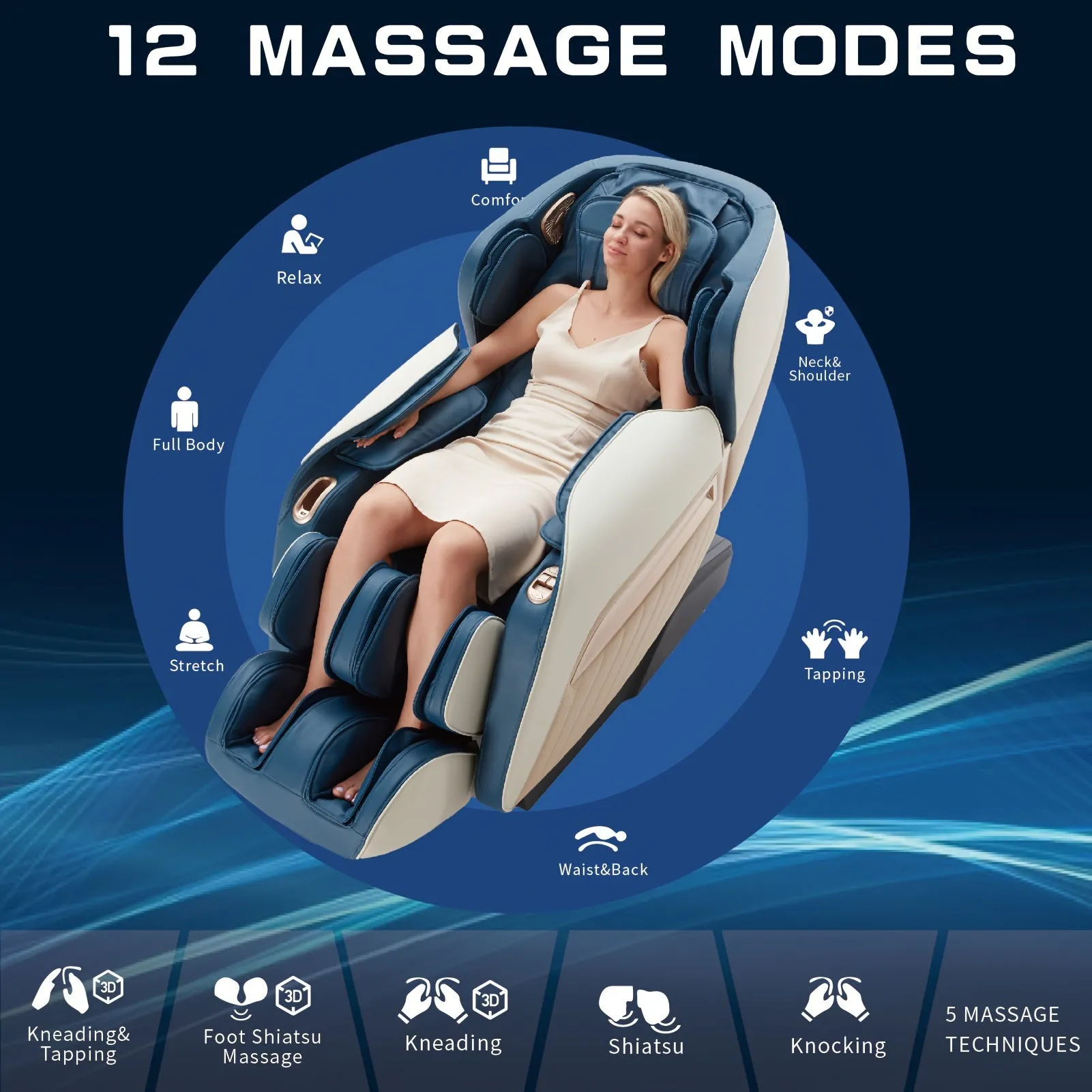 Relaxation Masterpiece Massage Chair - Full Body Recliner with Heat, Zero Gravity, Air Pressure, SL Track, Intelligent Voice Control, Foot Roller, BT Speaker, and Soothing Blue/Black Design for Ultimate Comfort and Relaxation