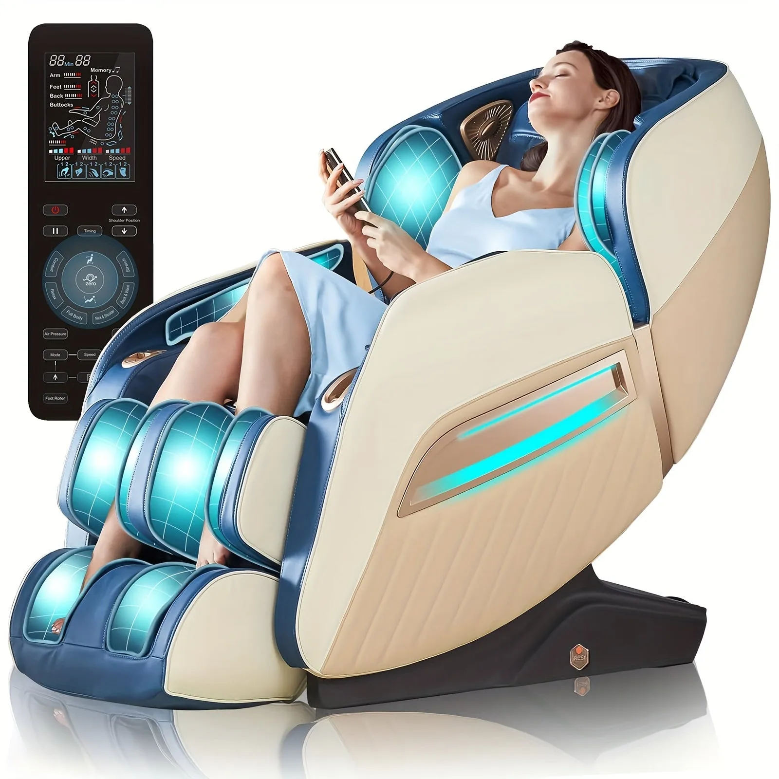 Relaxation Masterpiece Massage Chair - Full Body Recliner with Heat, Zero Gravity, Air Pressure, SL Track, Intelligent Voice Control, Foot Roller, BT Speaker, and Soothing Blue/Black Design for Ultimate Comfort and Relaxation