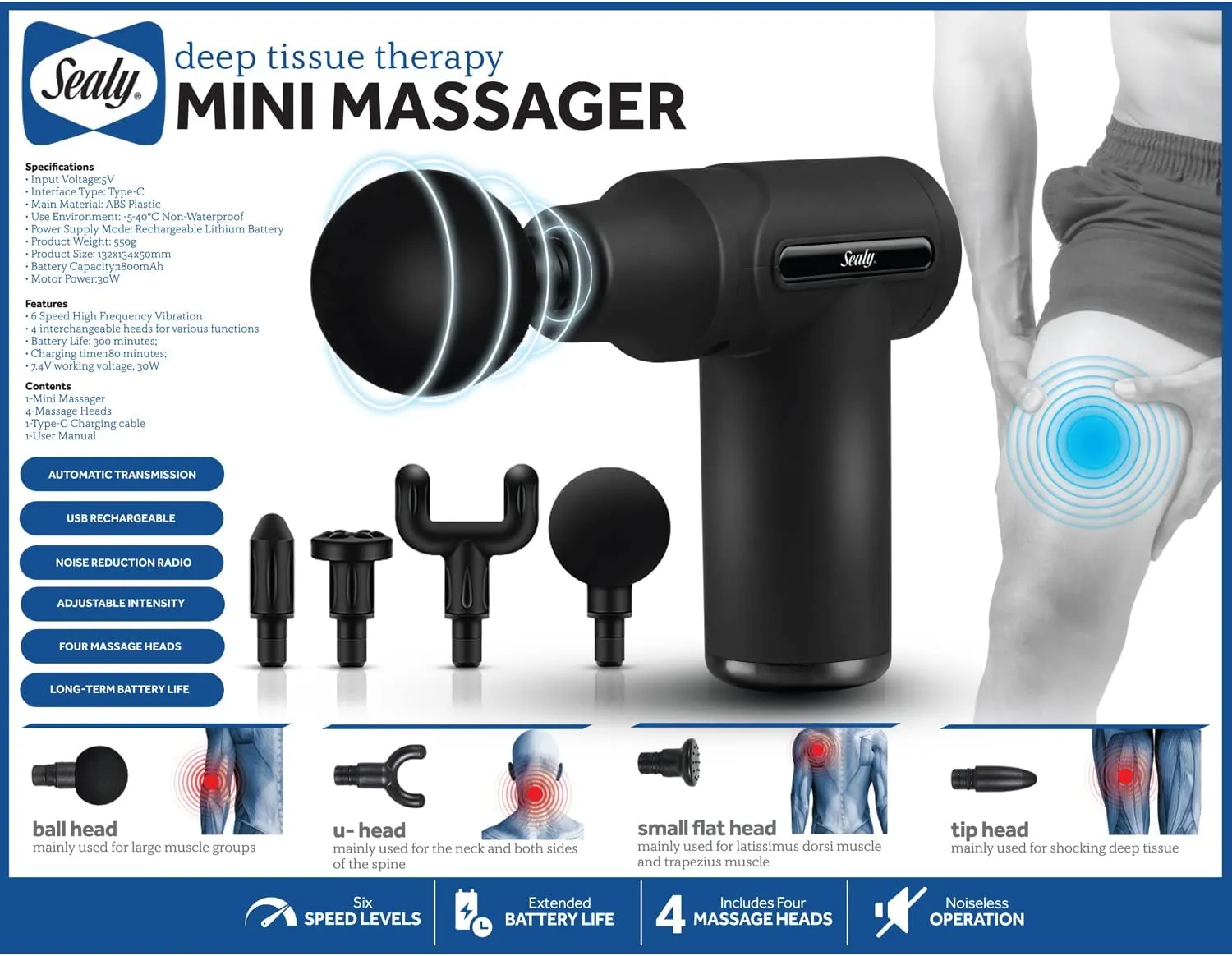 Sealy Deep Tissue Mini Percussion Massage Gun with 5 Hours Run Time (MA-100)