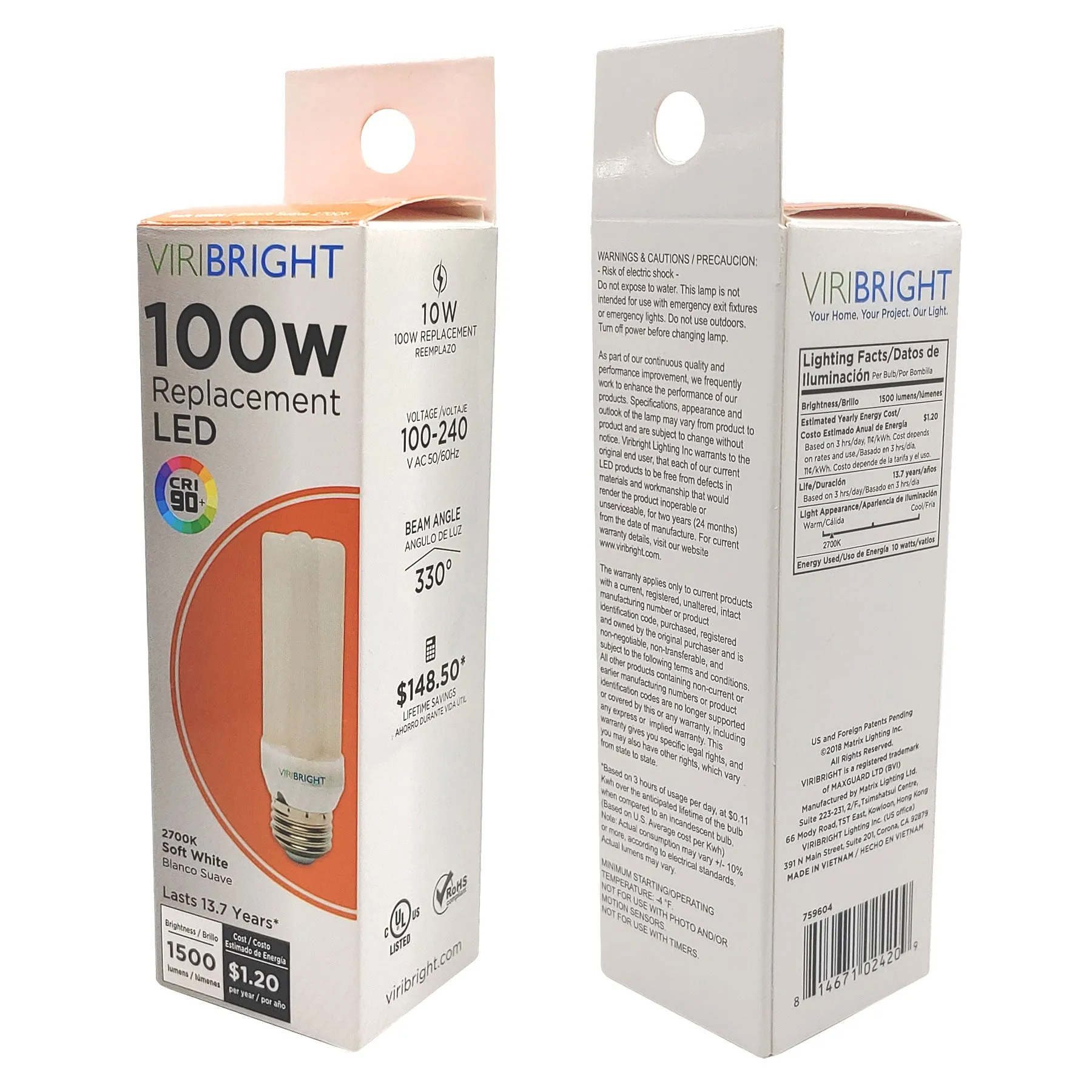 Viristick 100-Watt Equivalent E26 1500 Lumen LED Light Bulb